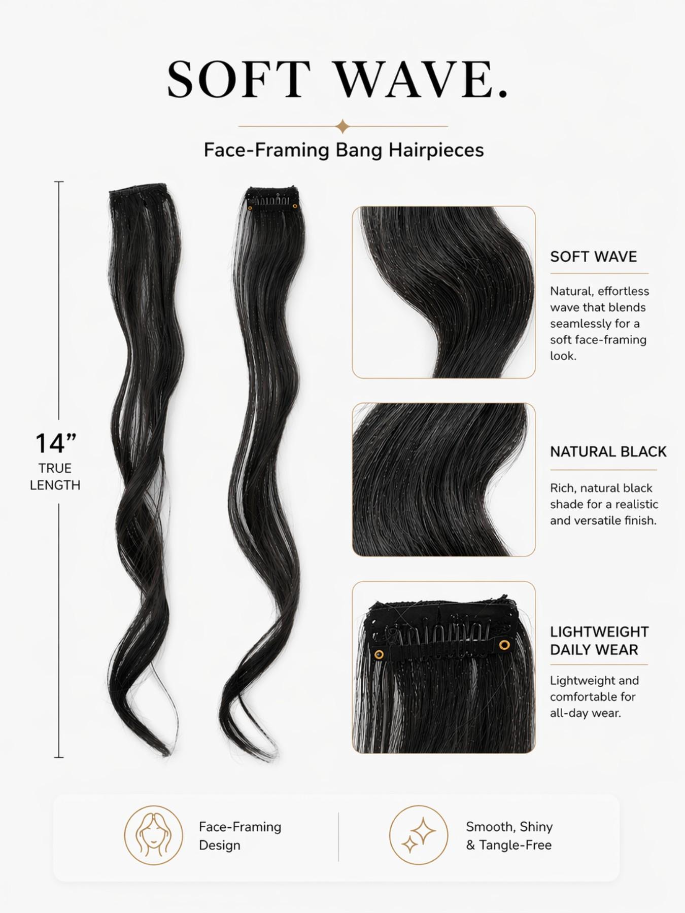 14 Inch Clip in Curtain Bangs Hair Extensions, 2pcs Face Framing Side Bangs Hairpieces, Bangs Fiber Wiglets, Natural Loose Wave Style Wavy Synthetic Hair Clips, No Cut Bangs for Daily Wear