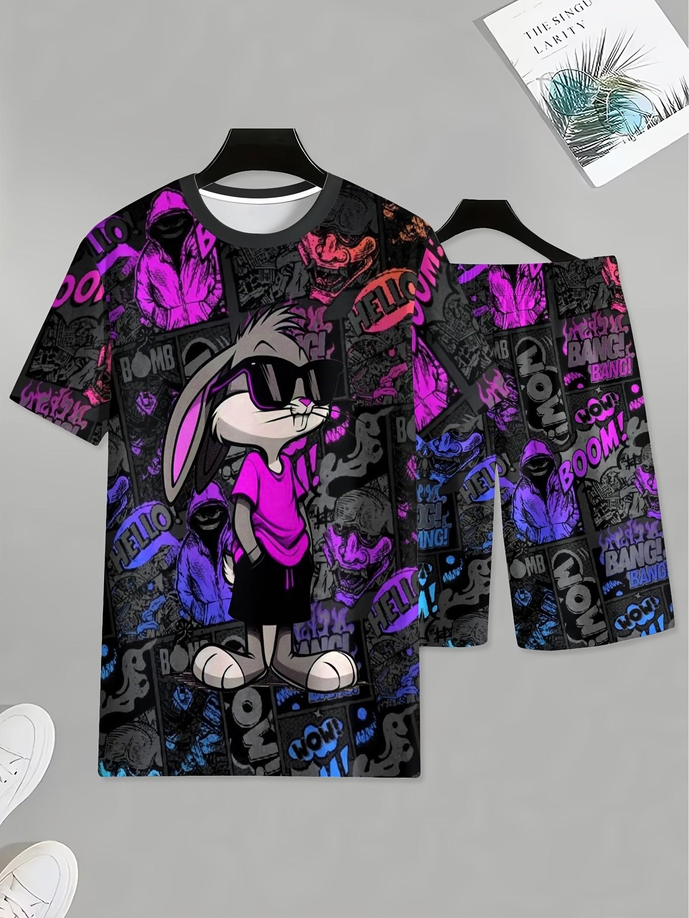 Summer Men's Outdoor Quick-Dry Short Sleeve T-Shirt and Shorts Set, Retro Cartoon Rabbit Print, Casual Street Fashion, Ideal for Daily Wear, Fitness, Running