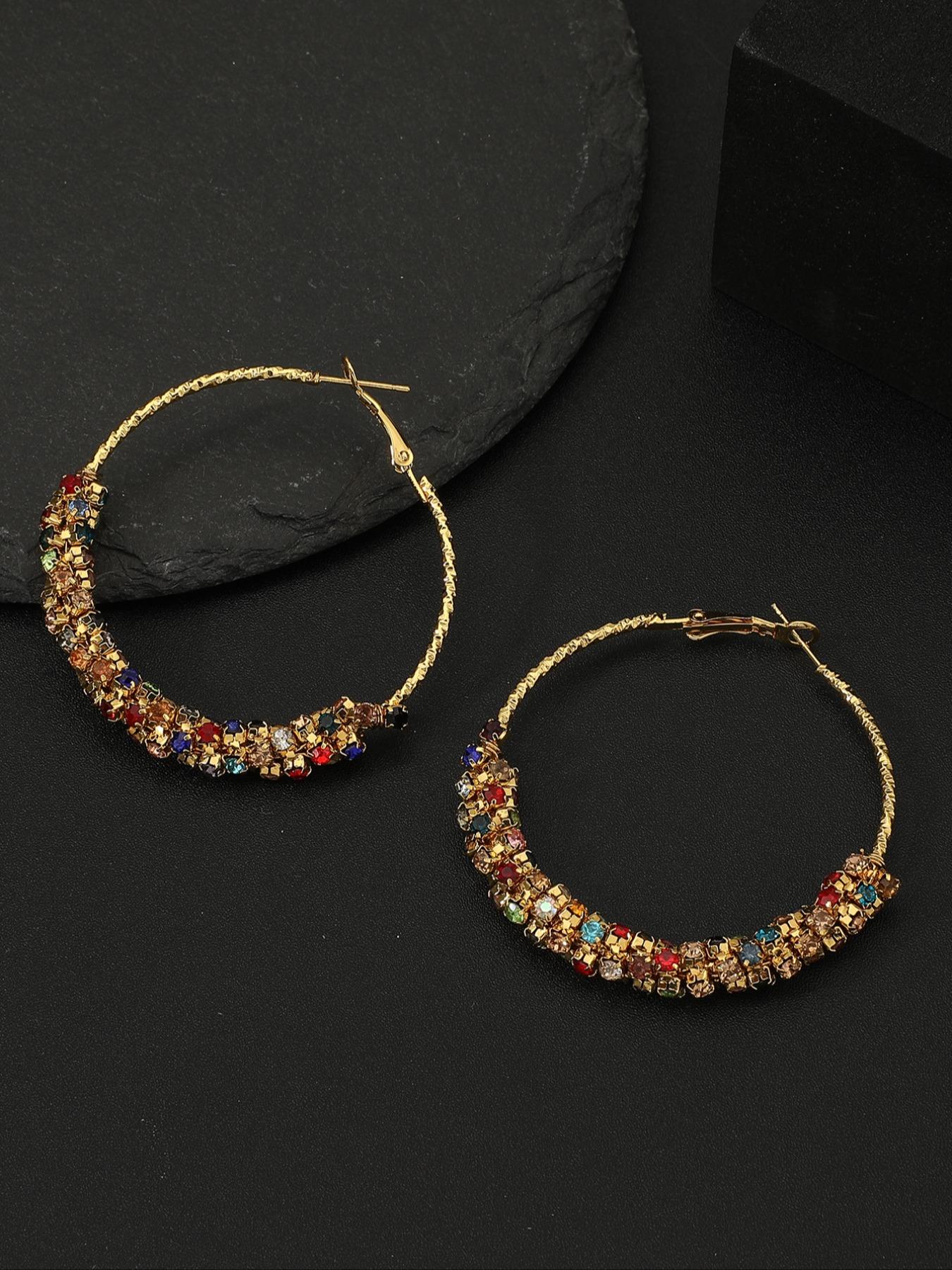 Handmade Colorful Rhinestone Hoop Earrings, Retro Unique Design, Striped Pattern, Titanium Alloy, All Seasons Accessories
