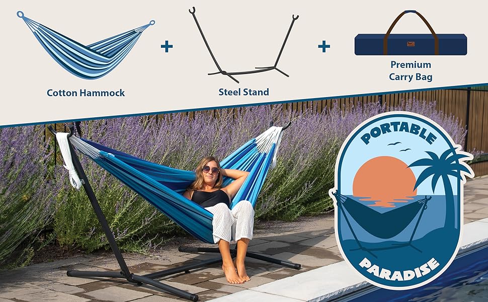 Brazilian Style Double Hammock Set,Double Hammock Set with Steel Stand,Double Cotton Hammock with Space Saving Steel Stand, Upgraded Polyester End Strings 450 lb Capacity - Premium Carry Bag Included Outdoor,fathersdaygifts backyard relaxation