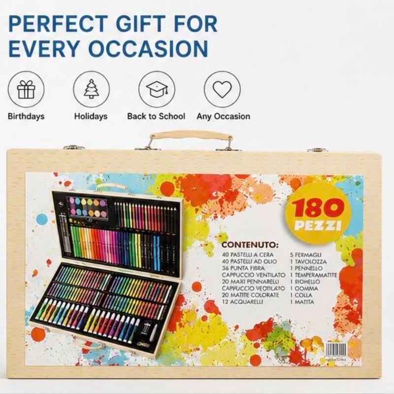 180-Piece Wooden Art Set, Dual-Layer Wood Box, Non-Toxic Washable, DIY Tools for Kids, School Art Supplies, Birthday Gift Box