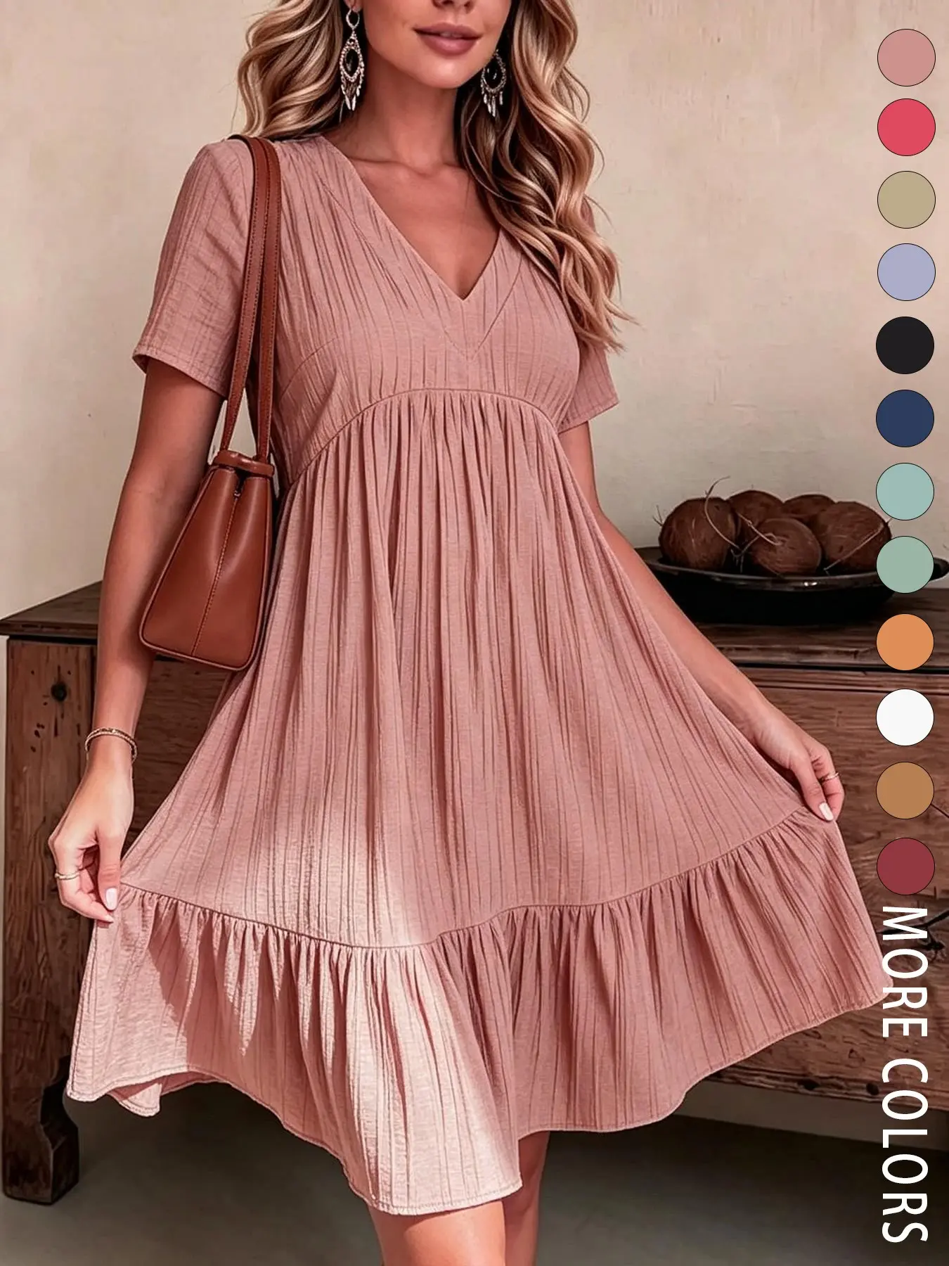 A fashionable women's V-neck short-sleeved pleated texture loose ruffled dress, Casual Beach Sundress, suitable for summer, perfect for daily commutes, casual outings, dates, and beach vacations
