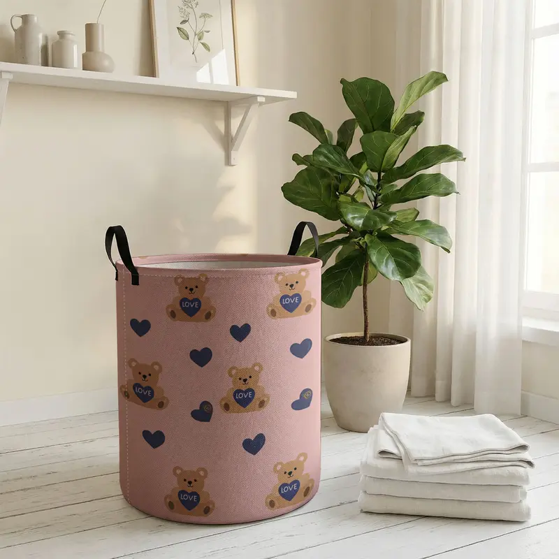 Valentine's Day Toy Bear Print with Handle, Durable Halloween Foldable Dirty Clothes Storage Bin, Large Capacity, Collapsible Laundry Hamper