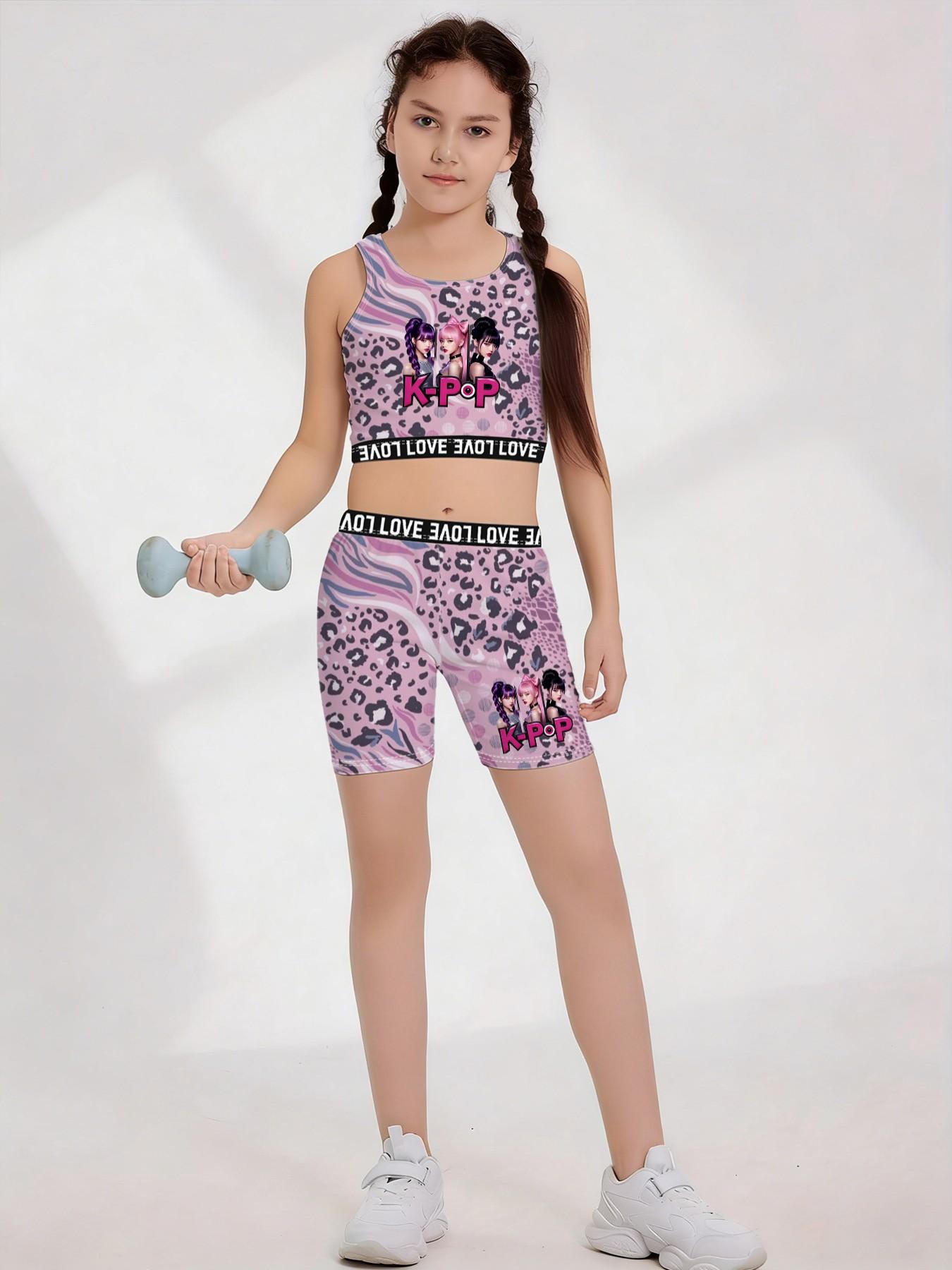 K-POP Girls Leopard Print Yoga Set, 3D Pink Leopard Girl Group Sleeveless Tank Top + Yoga Shorts Print, Comfortable Quick Dry Activewear, Suitable for Dance Sports Daily Wear