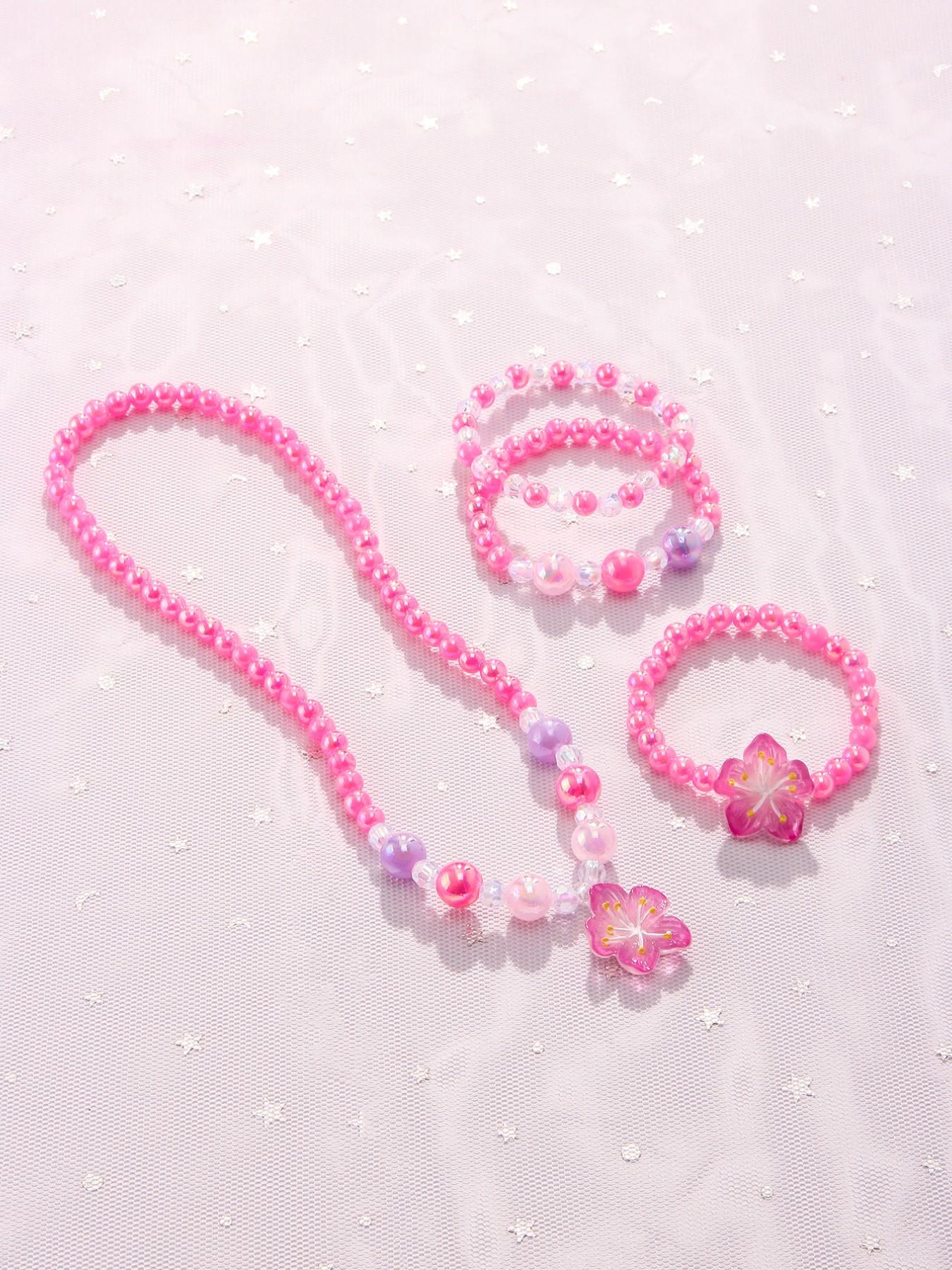 4pcs/set Acrylic Flower Pendant Necklace Bracelet Set, Cute Jewelry for Girls, Birthday Party Gift, All Seasons Wear