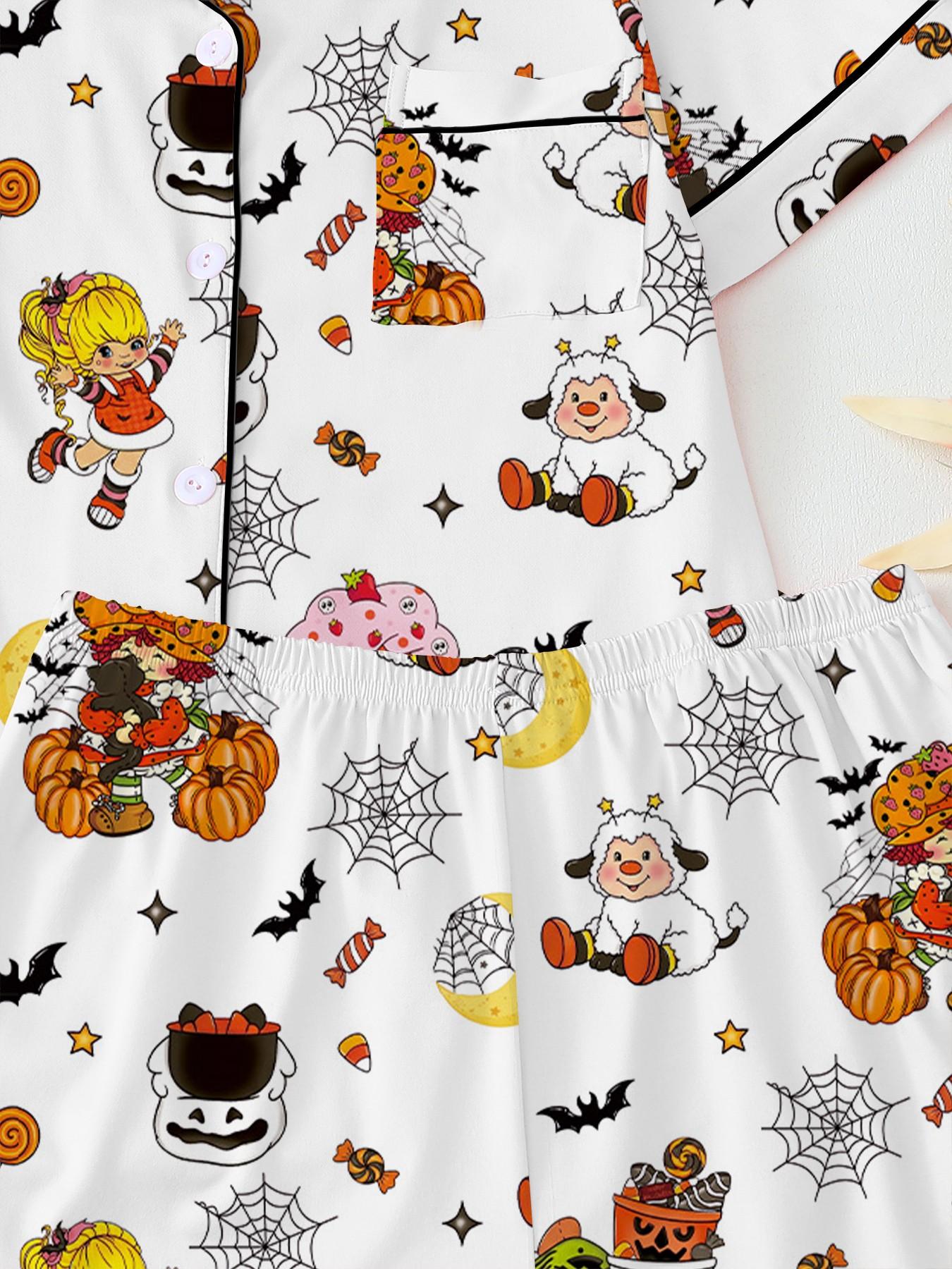 【Halloween】Retro Strawberry Girl Halloween Collared Pajama Set | Cute 80s Nostalgic Cartoon & Pumpkin Print Sleepwear | Soft Short Sleeve Button Down Lounge Outfit | Fun Summeroween 2-Piece PJs with Black Piping Pj Sets