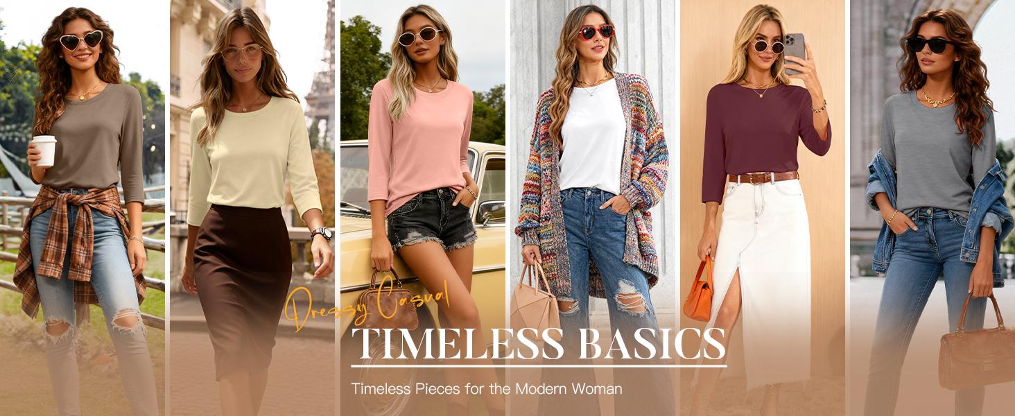 Women's 3-Pack 3/4 Sleeve Crewneck T-Shirts - Solid, Breathable, Classic Basic Casual Tees, Loose Fit Blouses, Summer Clothes, Fall Layering Tops, Work Outfits, Machine Washable Fabric Fashion