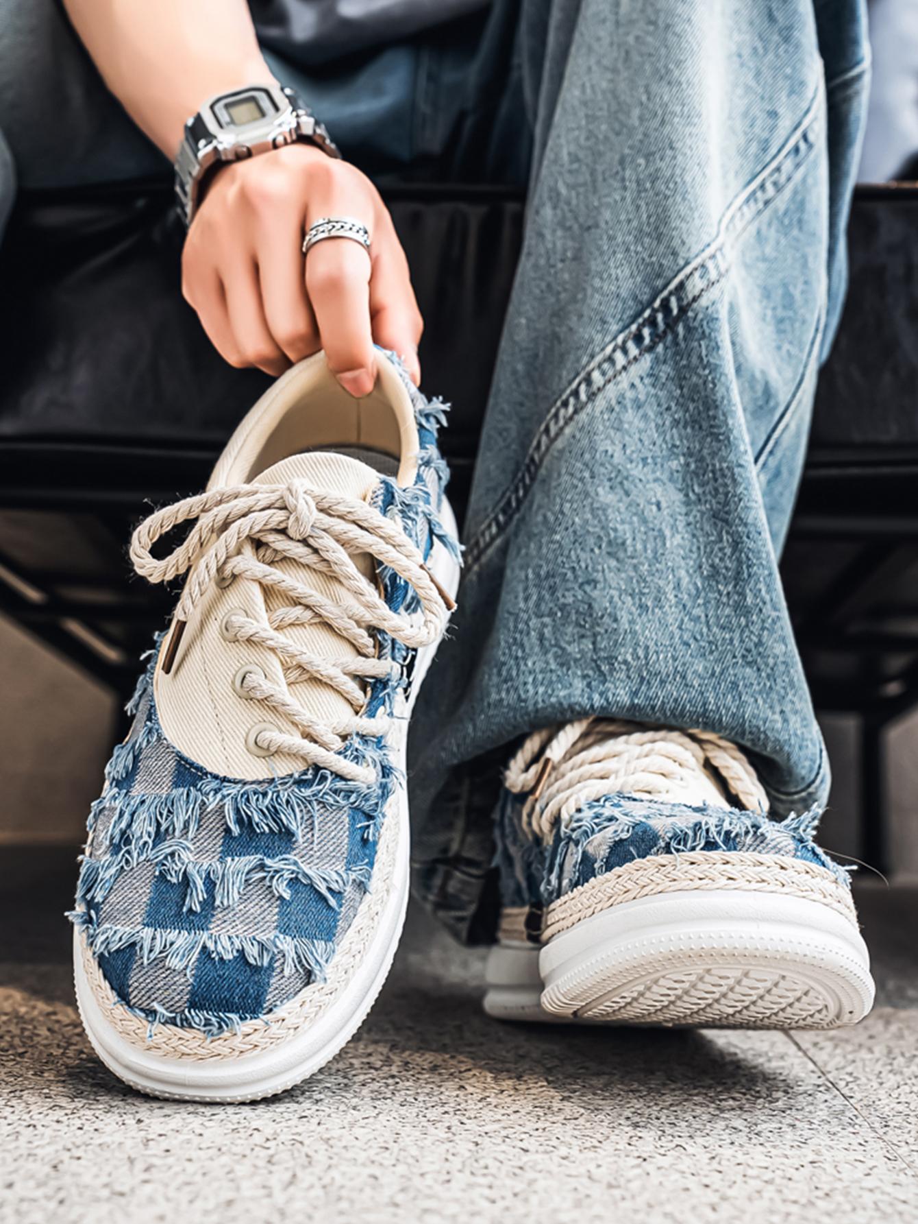 Summer New Men's Plaid Patchwork Hemp Rope Laces, Vintage Straw Trim Soft Elastic Thick Sole, Casual Checkered Shoes for Commute and Streetwear