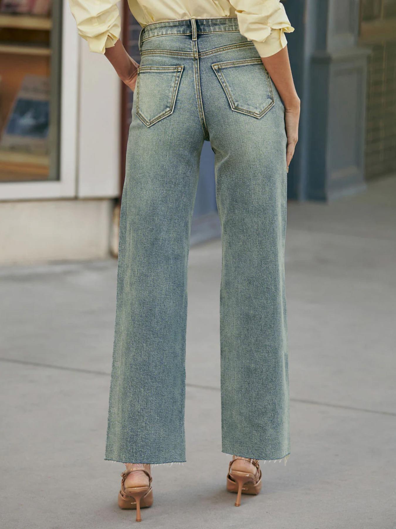 Women's Elastic Vintage Plaid Wide Leg Ripped Jeans, Casual Loose-Fit Denim Jeans for All Seasons, Perfect for Dating & Outdoor Activities