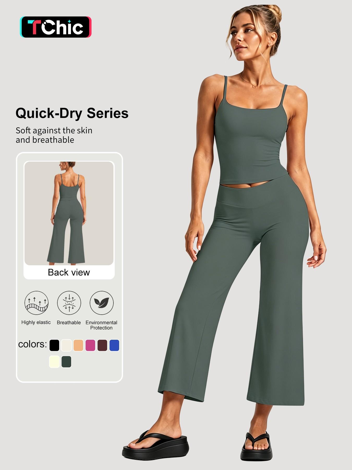 Women's Athleisure 2-Piece Outfit, Sporty Spaghetti Strap Square Neck Tank Top and Loose Straight-Leg Capri Pants, Lightweight Quick-Dry Set for Summer Workouts and Daily Wear, Gym Workout Sets, Women Workout Clothes