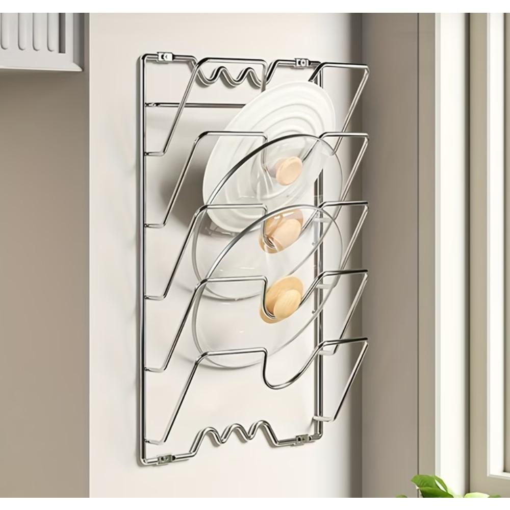 Sturdy hooks for hanging pot lids: a multi-layer wall-mounted storage solution suitable for pots and lids, a space-saving kitchen accessory, ideal for homes and restaurants.