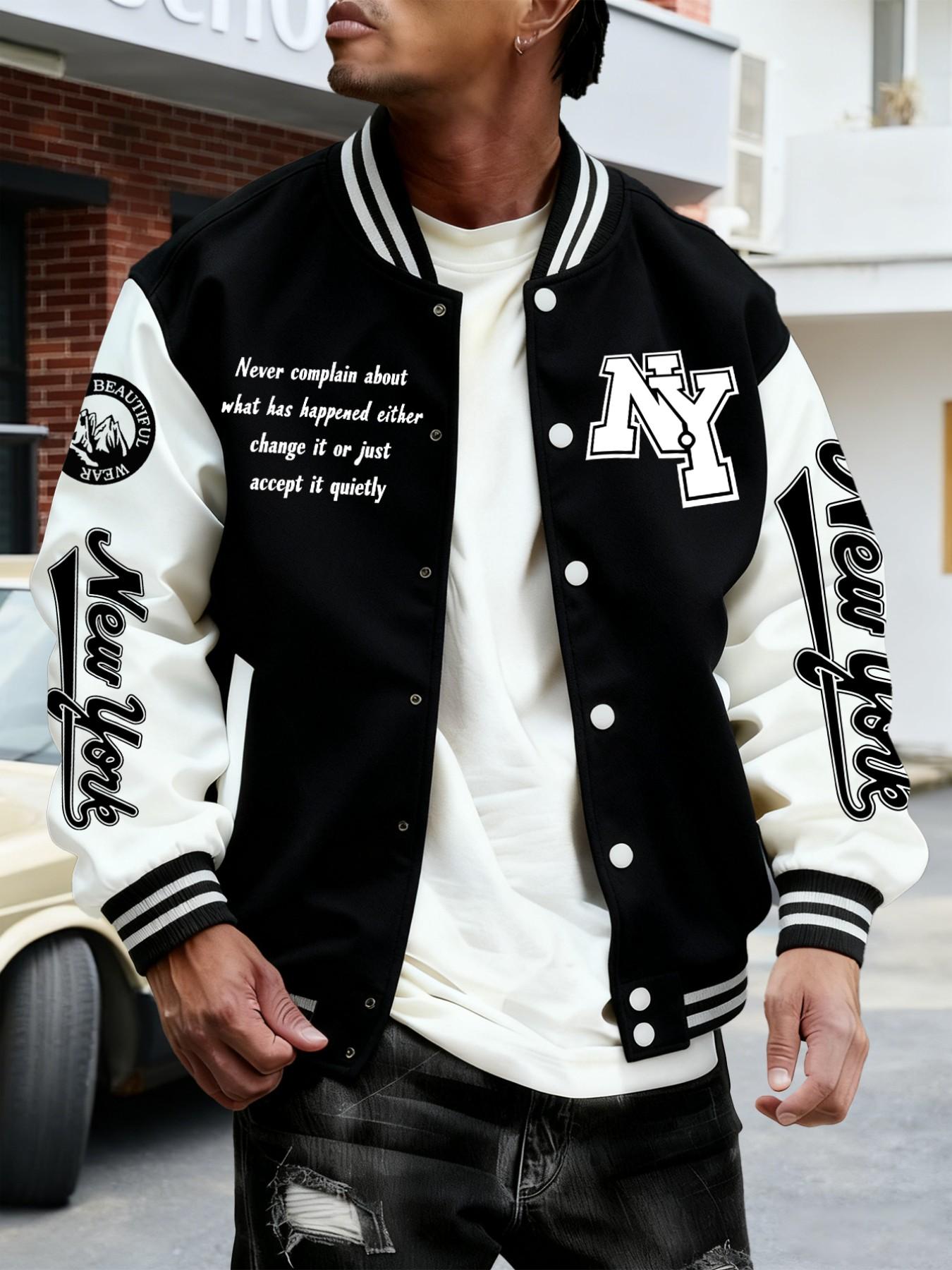 Trendy Baseball Jacket New York Style with Ny Letter Design, Colorblock Sleeves, Button Closure, Fitted Outerwear for All Seasons