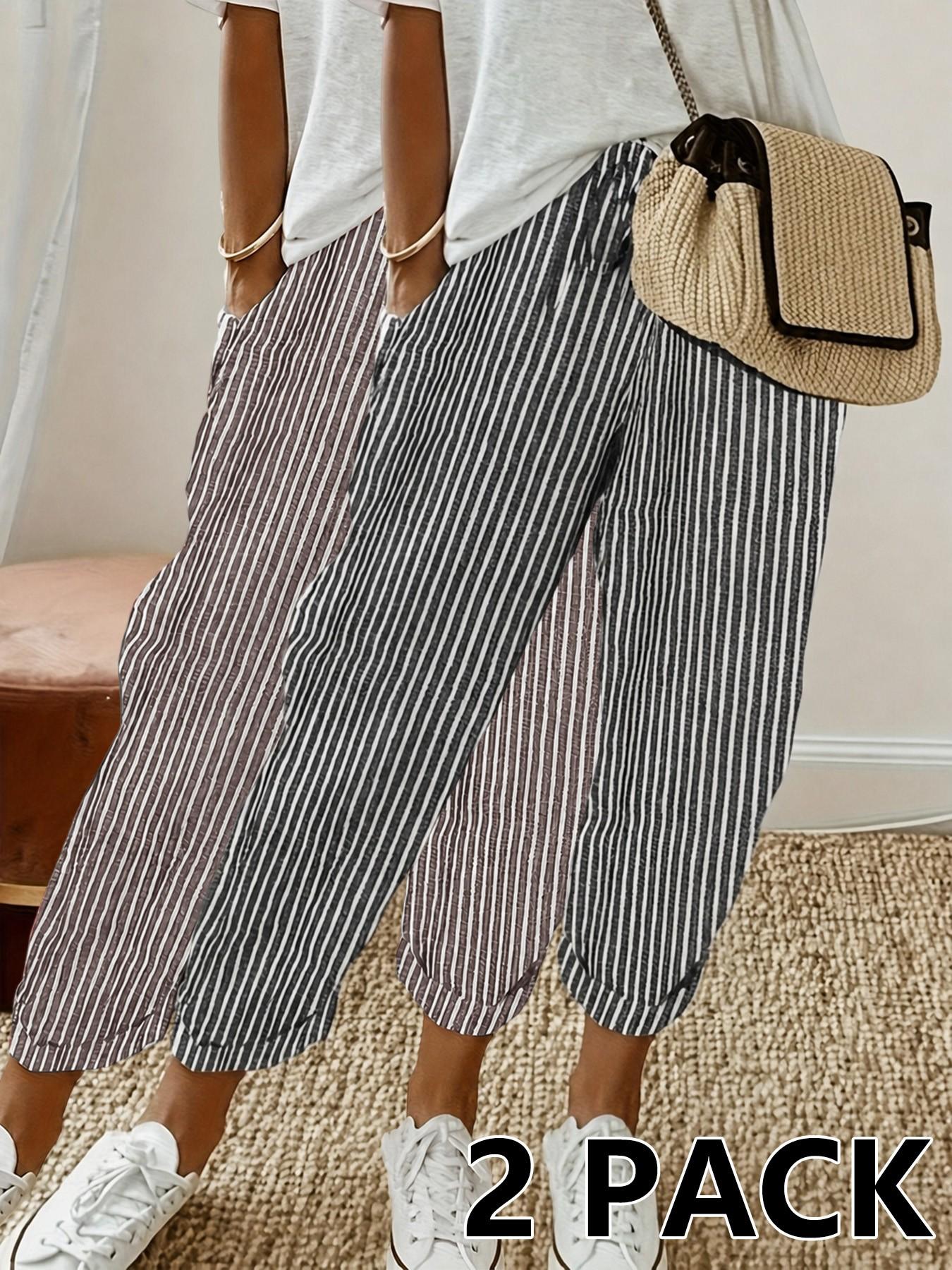 Women 2026 New Arrival Vertical Striped Linen Blend Cropped Pants, High Waist Drawstring Cuffed Casual Capri Trousers with Pocket, Summer Loose Fit Beach Everyday Jogger Pants, All Season, Casual Style Bottoms