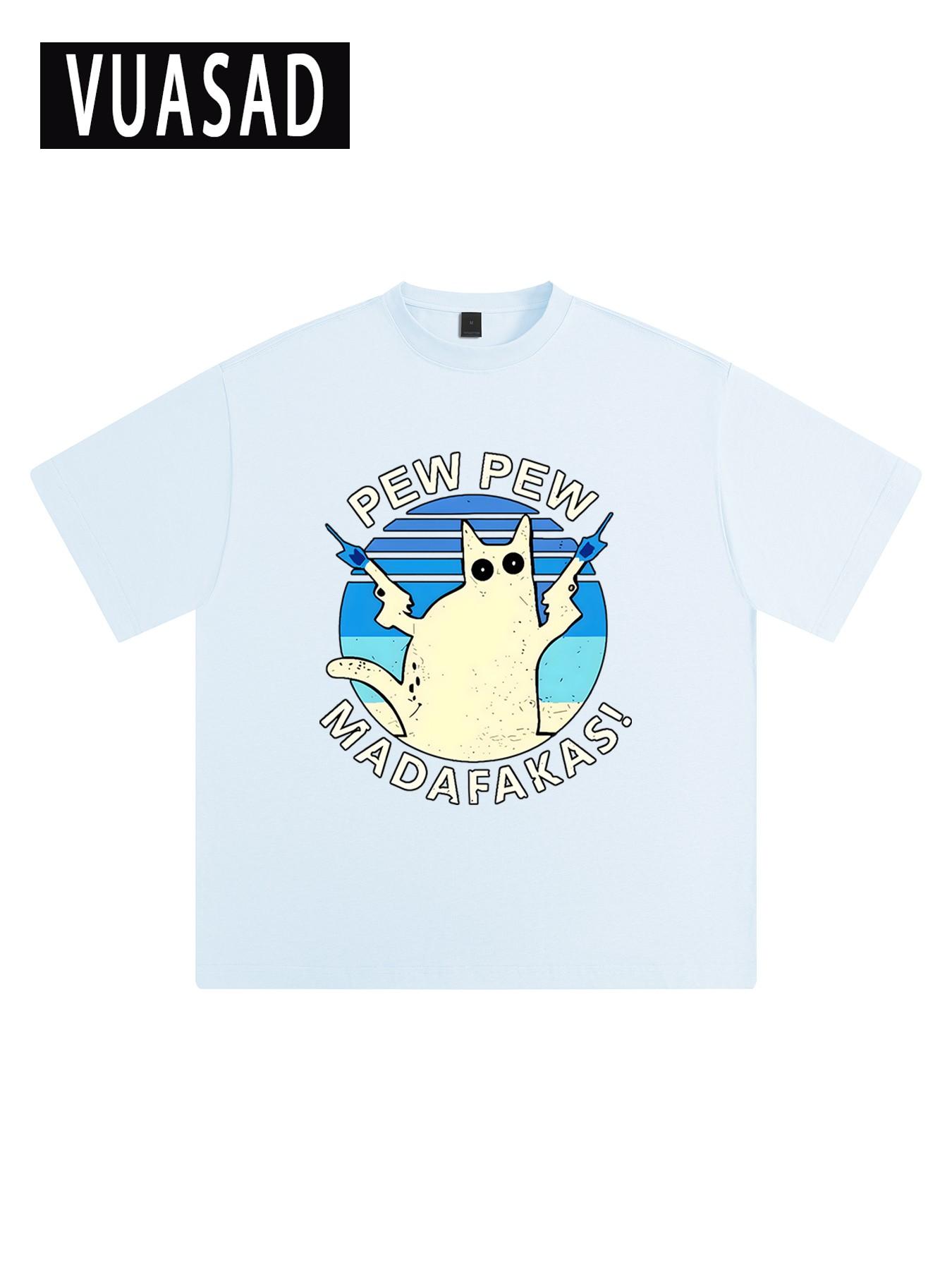 Vuasad Men's 100% Cotton Short Sleeve T-Shirt, Cute Cat Dog Print, Loose Fit, Casual Style, Long Sleeve, Trendy Fashion