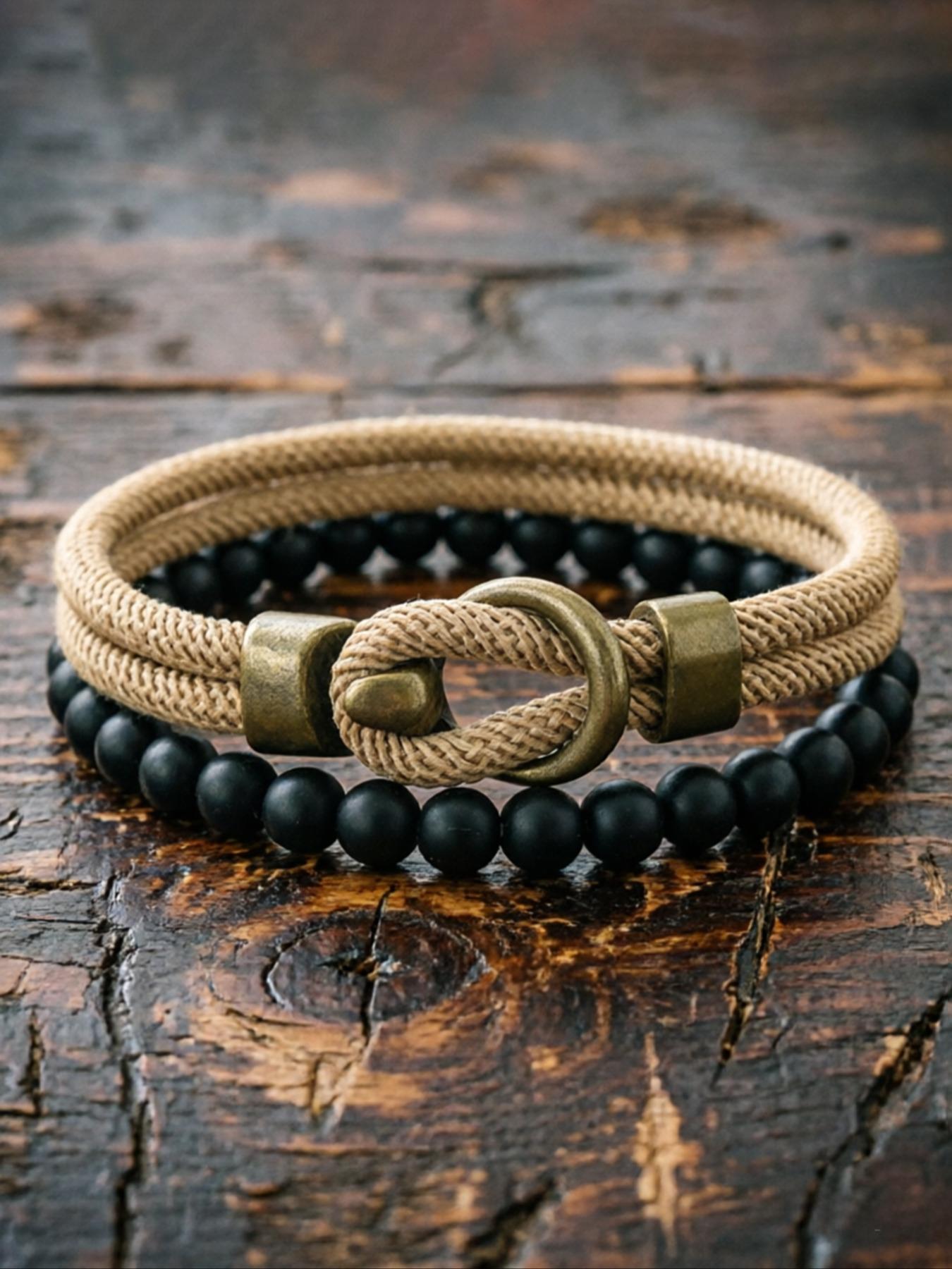 Men's Jewelry Set, Vintage Beaded Bracelet & Hand Rope, 2-Piece Men's Accessory Collection, Stylish Fashion Accessories