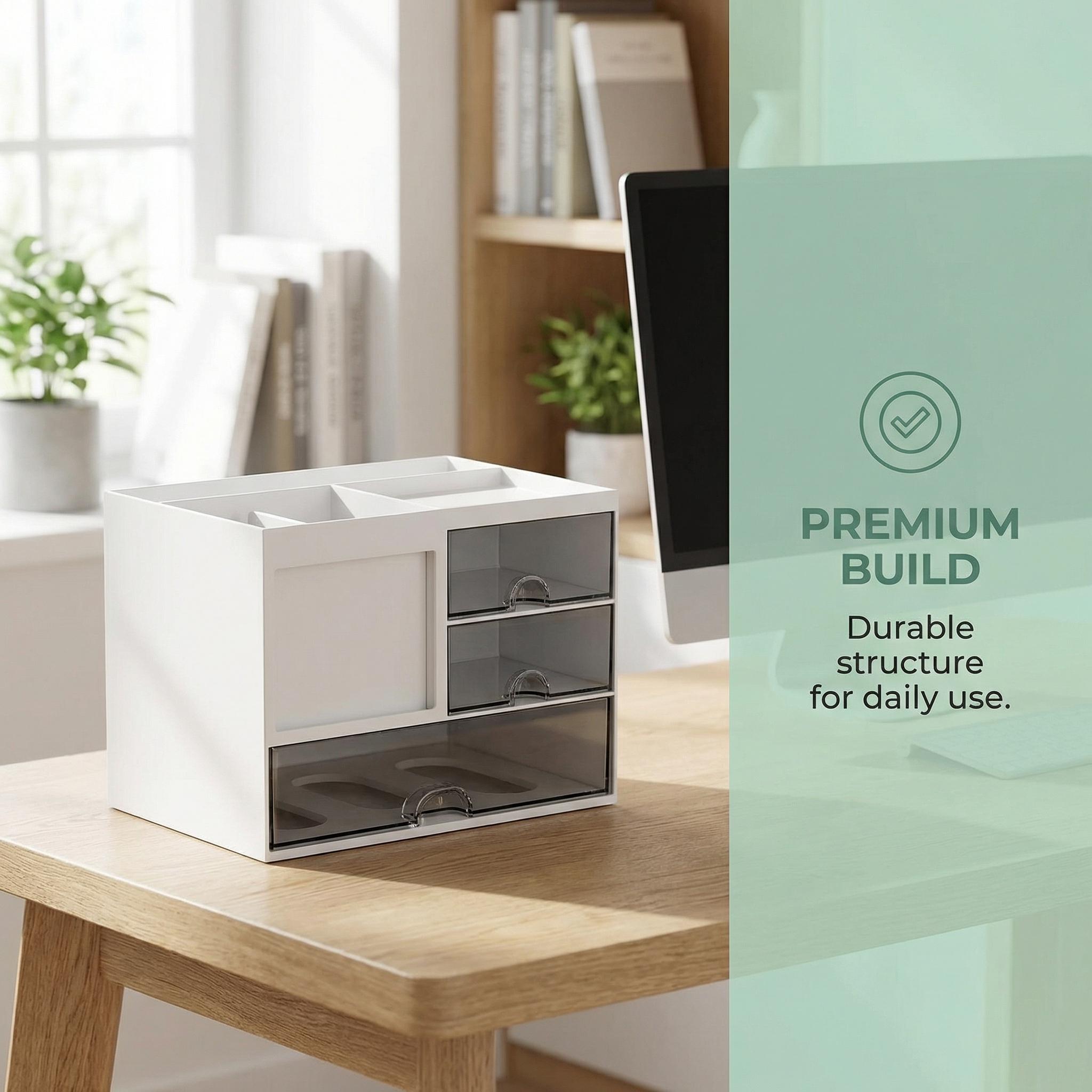 A desktop organizer with three drawers; a multi-functional pencil holder suitable for use in offices or at home; a desktop storage device with 8 compartments; available in white, perfect for storing art supplies in offices or homes.