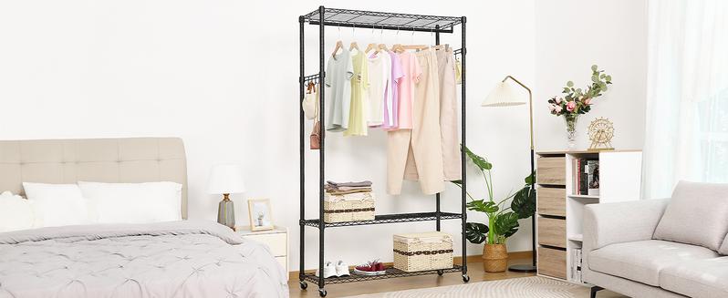 Heavy Duty Garment Rack with 3 Tier Adjustable Wire Shelves, Heavy Duty Rolling Clothes Shelving Unit, 1 Hanging Rod, 2 Side Hooks, Black Organiser Hangable