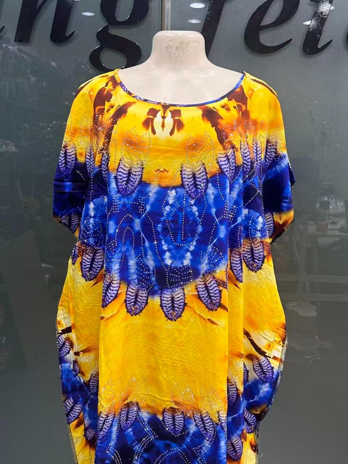 Summer New Fashion African Kaftan, Plus Size Loose Print Rhinestone Dress, Breathable Comfortable Elegant Party Long Dress, Matching Scarf Fringe