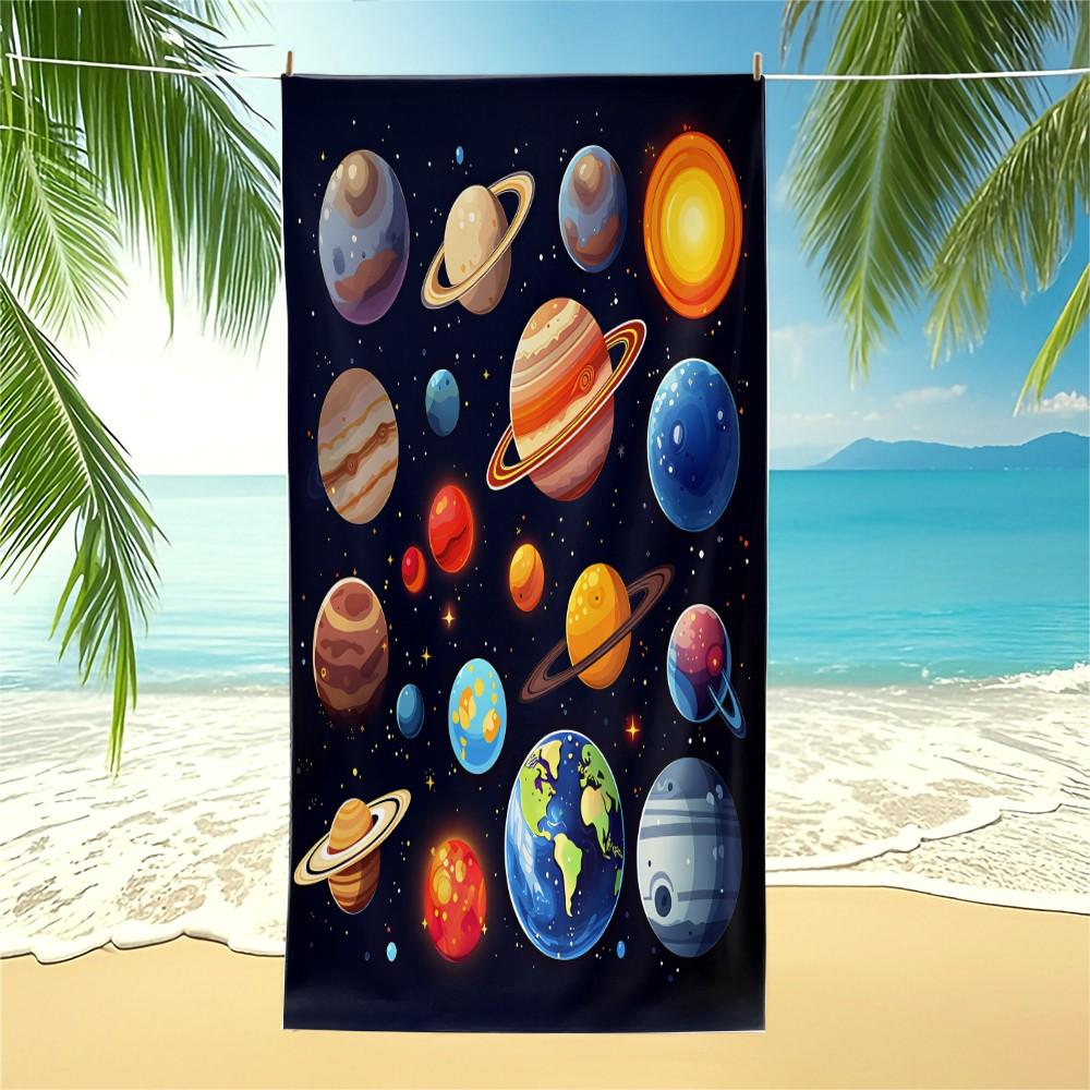 Cute Planets Graphic Beach Towel, Quick Dry Microfiber Towel with High Absorbency, Sand Proof Pool Towel for Kids Adults, Space Themed Beach Accessory