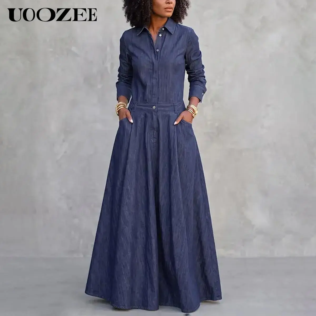 UOOZEE Women’s New Autumn Elegant High Waist Button Down Maxi Dress, Long Sleeve Solid A Line Dress with Functional Pockets