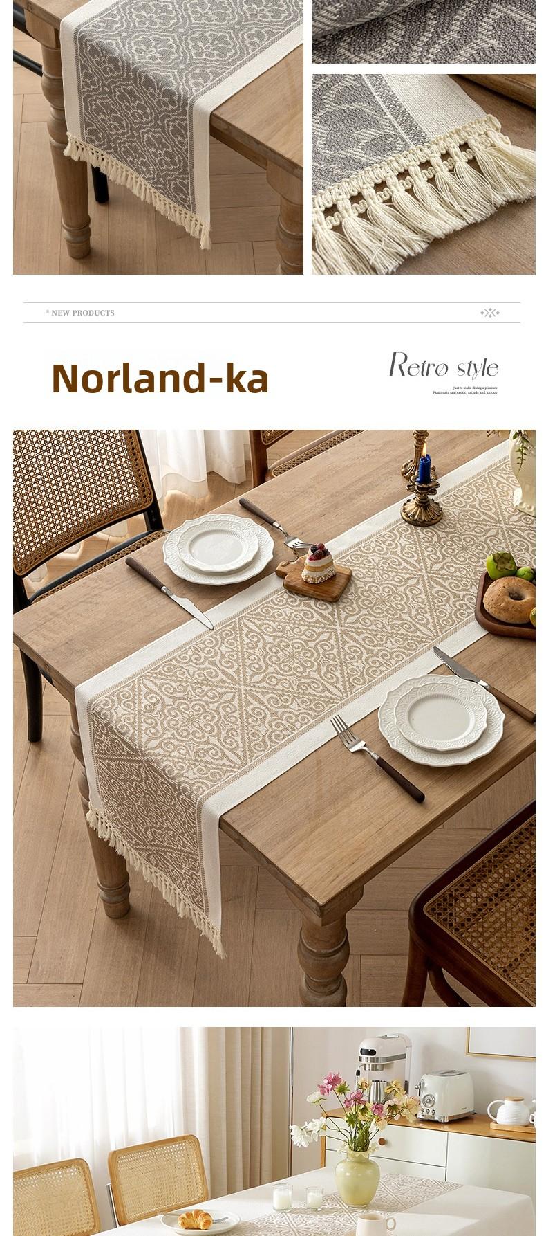 Nordic Style Waterproof Cotton Linen Table Runner, Jacquard Pattern with Tassel Trim, Dining Table Decor