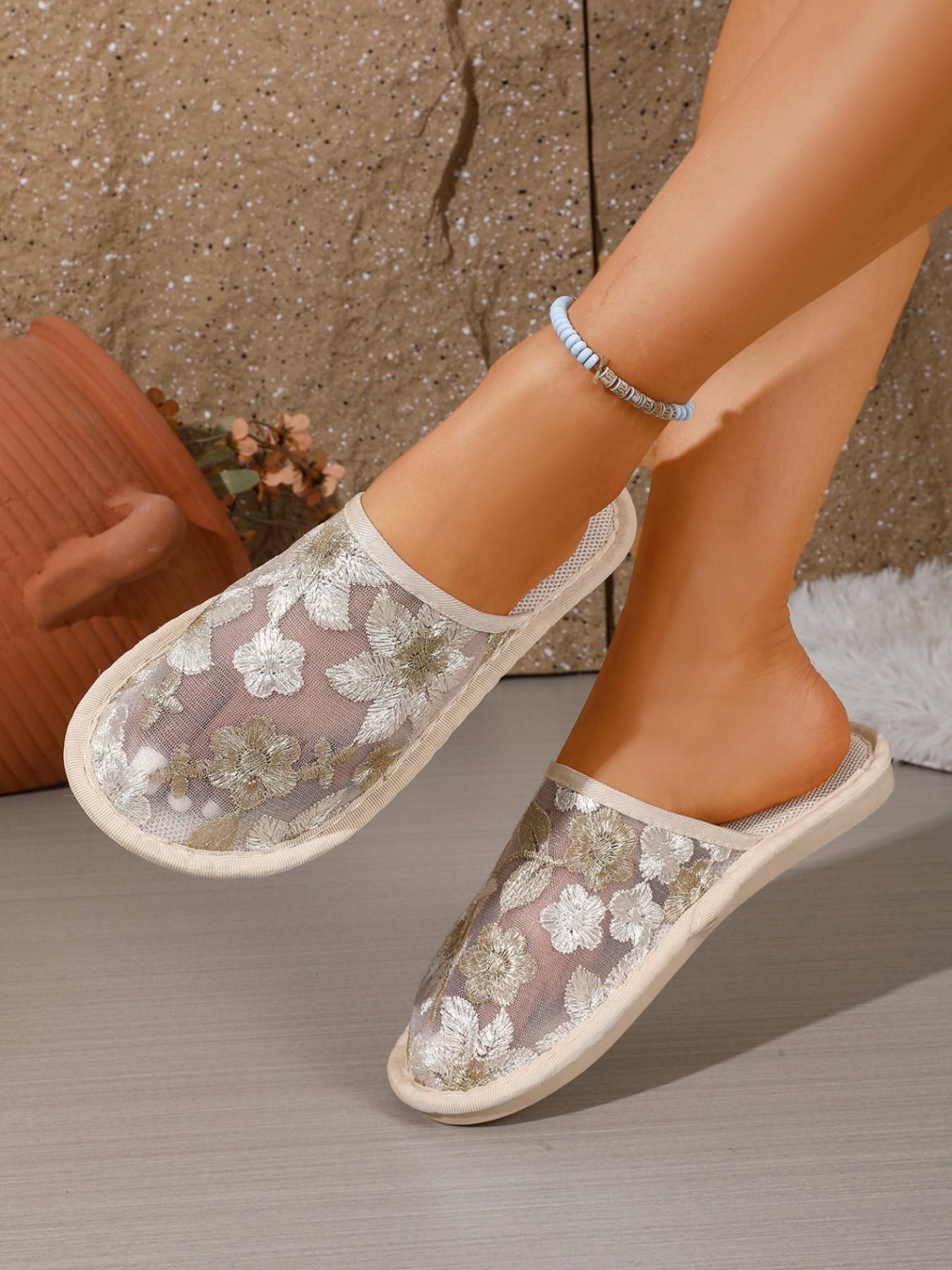 New Breathable Mesh Embroidered Flower Slippers, Soft Sole Anti-Slip Quiet Indoor Shoes, Lightweight Comfortable Home Footwear