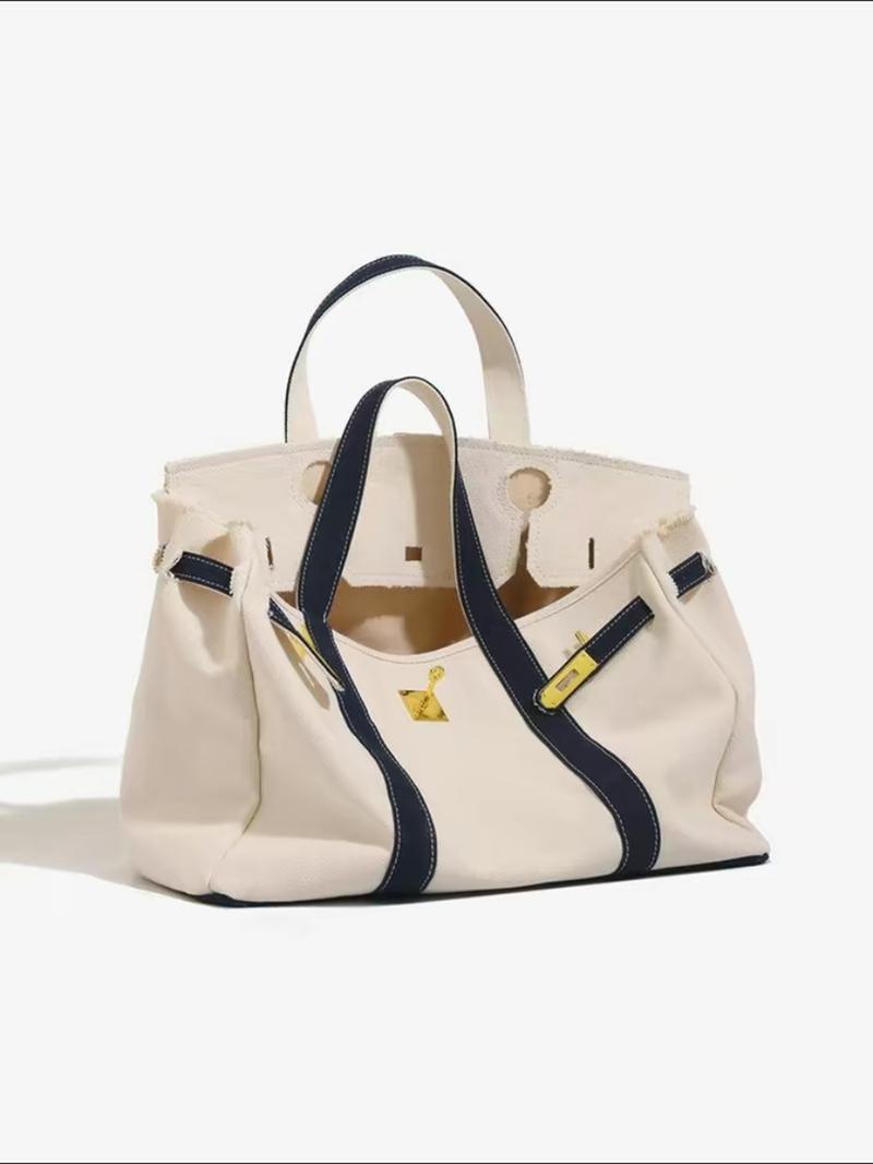 High-End Canvas Bag with Unique Design, Colorblock Handbag, Large Capacity Commuter Bag, Versatile Everyday Use
