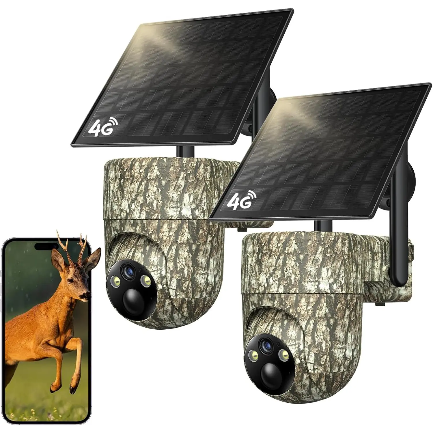 2-Pack Solar-Powered 4G LTE Cellular Trail Cameras - 360° Live Streaming, Built-in SIM Card, PIR Motion Activation, 2K Night Vision, 4x Digital Zoom, IP65 Weather Resistant Security Cameras & Systems, App Control, No WiFi Needed