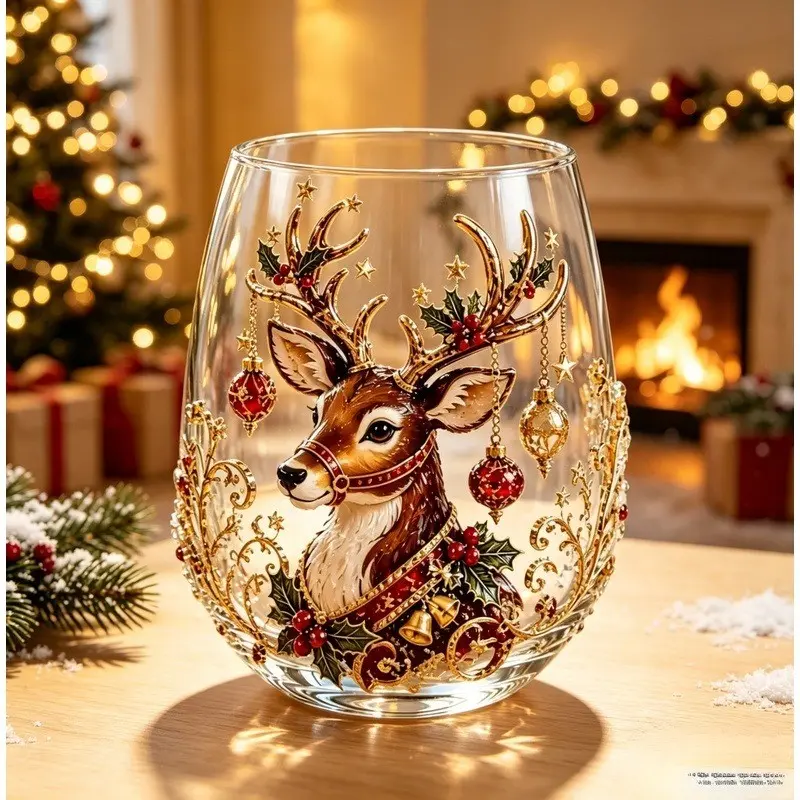 Vintage Gold- Christmas Stemless Glass Cup, Reindeer/wreath/tree/santa Sleigh Designs, Holiday Decor Drinkware, Christmas Gift