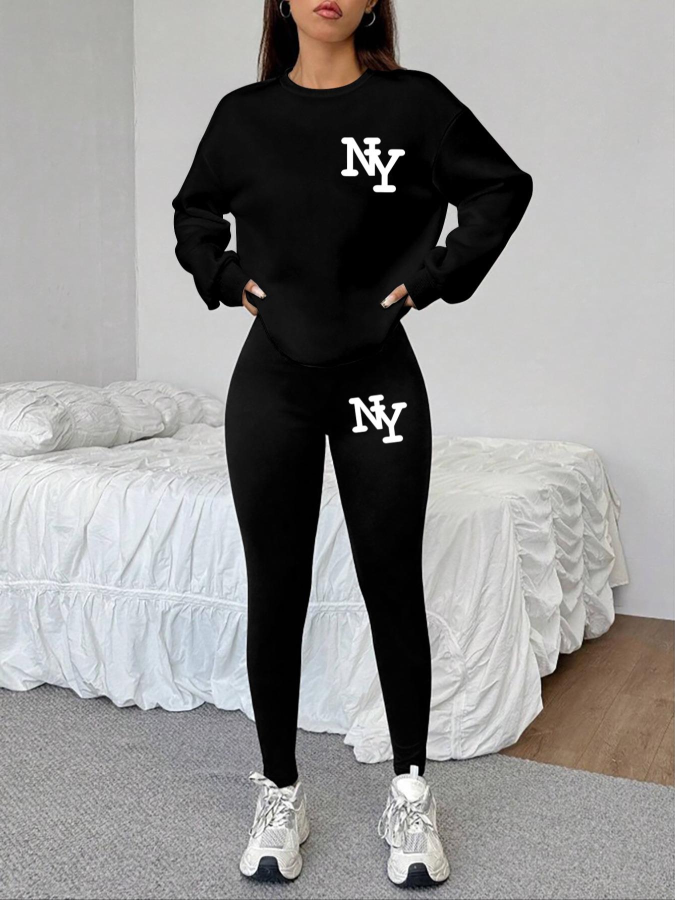 Women's 2-Piece Sweatshirt Set, Ny Letter Print, Round Neck Long Sleeve, Long Pants, Casual Fall Winter, Fitted Style