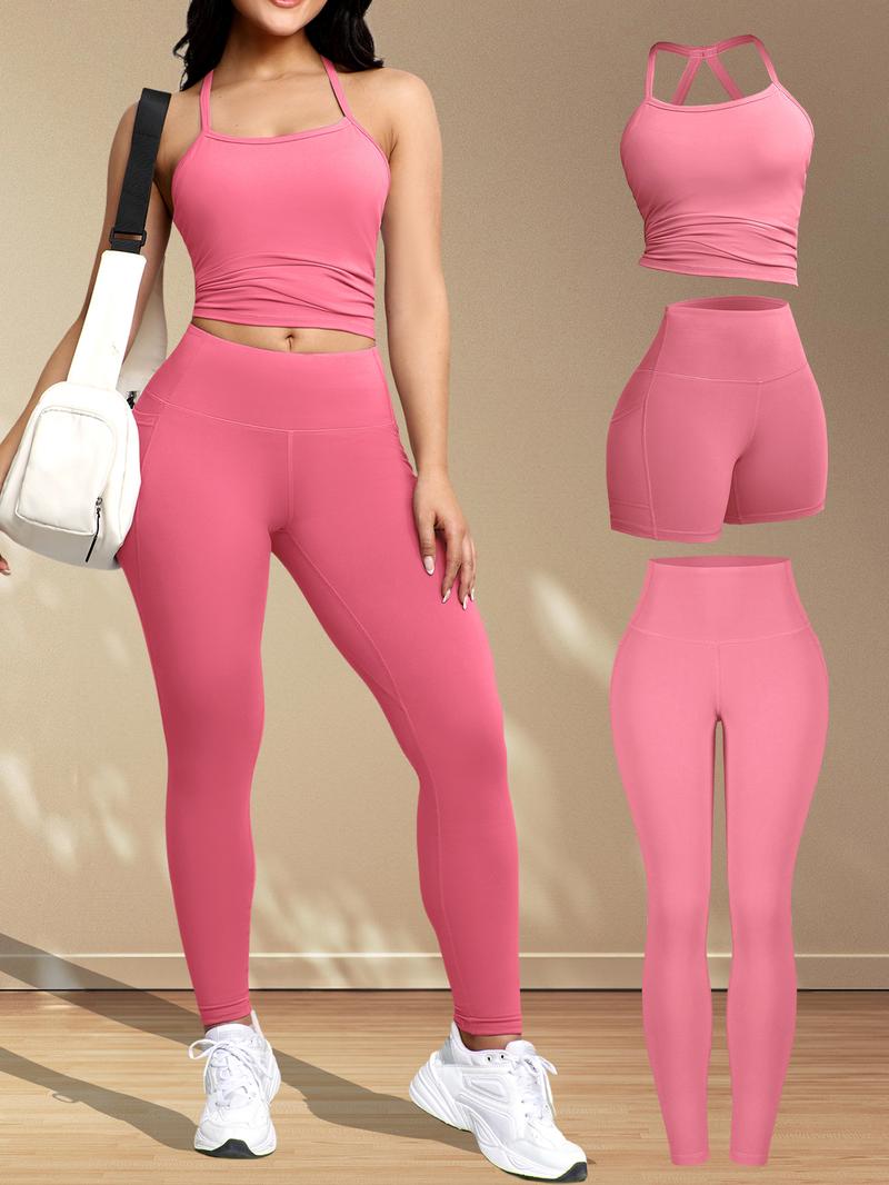 3 Piece Set, Women's Casual Fitness Crossback Vest Sport Shorts High Waist Running Exercise Pocket Underwear Set Sports Fitness Wear