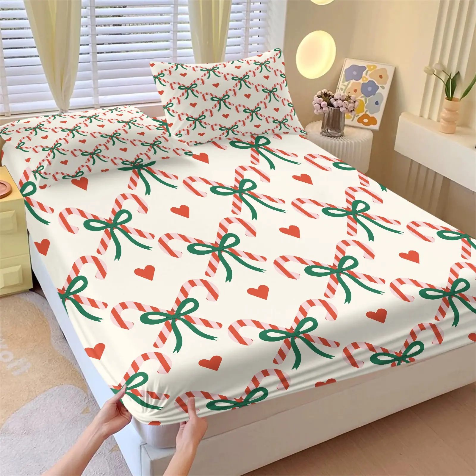 3PCS Christmas Candy Cane Bow Print Festive Pattern Fitted Sheet Set, 1 Fitted Sheet & 2 Pillowcase No Filling, Deep Pocket Soft Microfiber Sweet Xmas Bedding Set, Breathable, Wrinkle & Fade Resistant, Festive Holiday Bedroom Decor