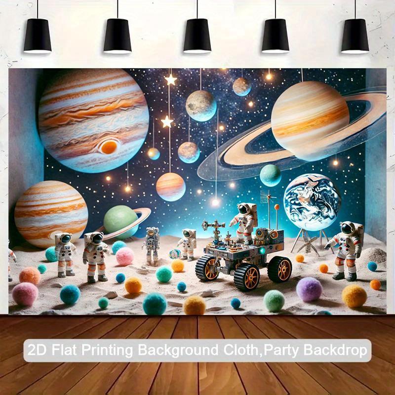 2D flat banner 1PC astronaut space exploration background fabric - Jupiter, Saturn robots and stars - deep blue space scenes, suitable for birthday parties, studios, classrooms, home decoration - durable polyester fabric indoor hanging painting - tc