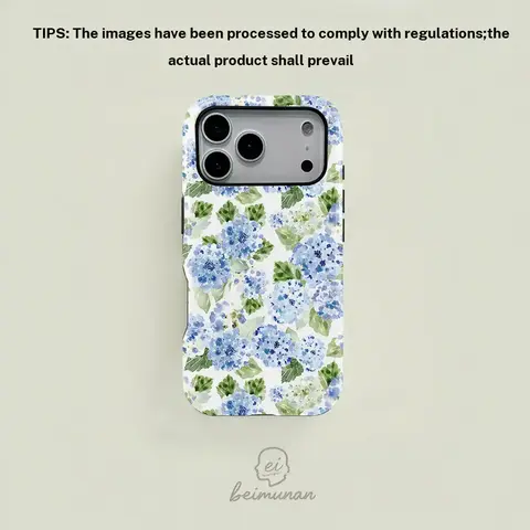 Beimunan case for iPhone 11/18.Galaxy S26/S25/S24/S23/S22/S21. blue hydrangea pattern – elegant and durable, floral spring/summer design, personalized, ideal for back-to-school