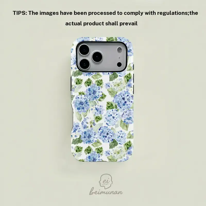 Beimunan case for iPhone 11/18.Galaxy S26/S25/S24/S23/S22/S21. blue hydrangea pattern – elegant and durable, floral spring/summer design, personalized, ideal for back-to-school