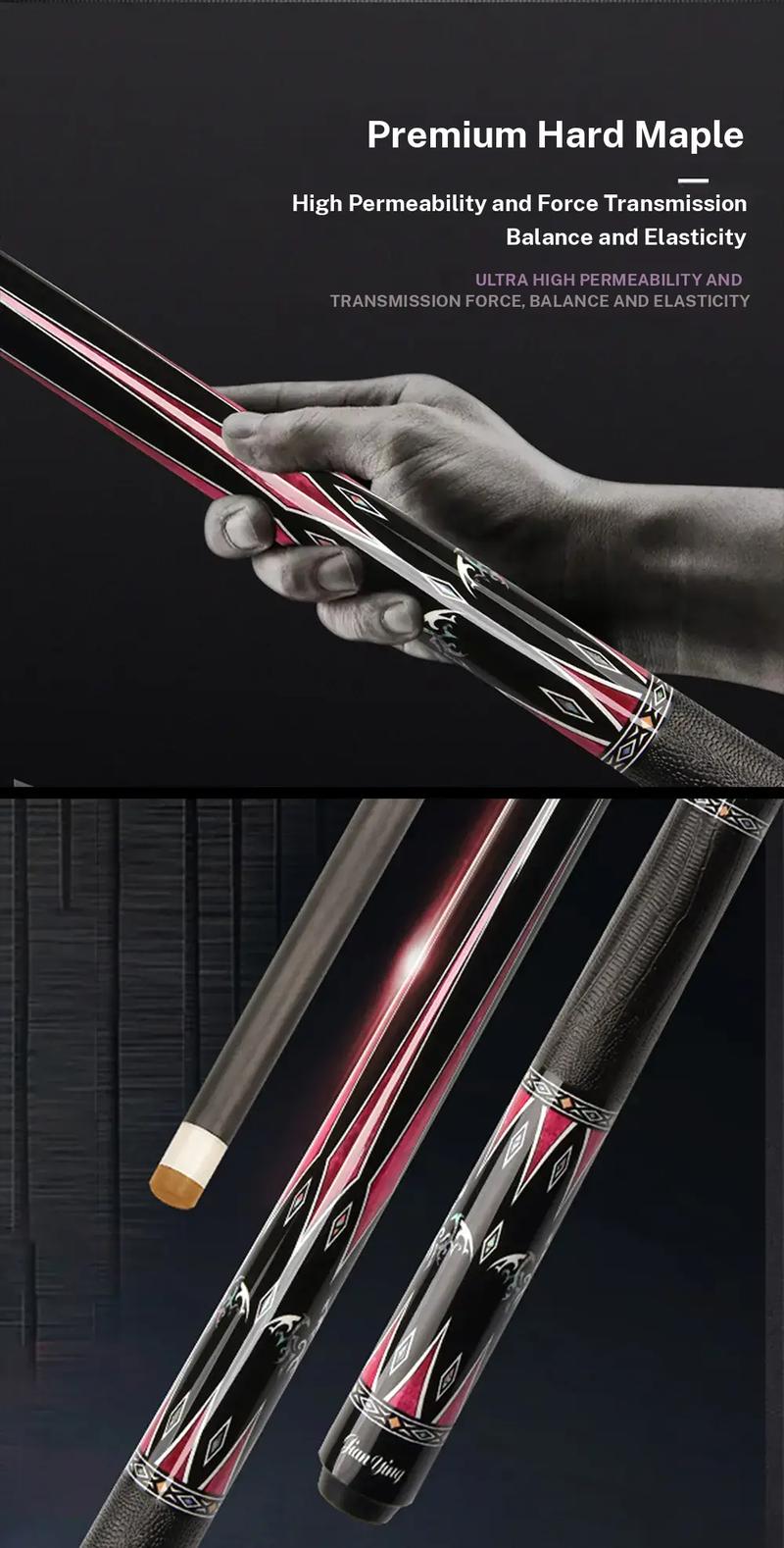 JIAN YING New carbon fiber 1/2 billiard cue Strong stability High performance Pool cue. It features a 58 inch, 11.5/12.5 millimeter cue tip. Comes with cue case + leather tip + gloves + towel + chalk+extended handle