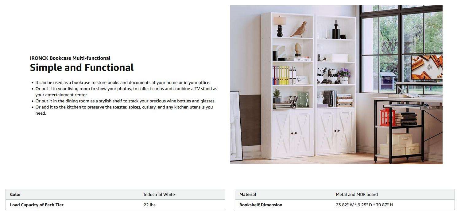 IRONCK Industrial Bookshelves and Bookcases with Doors Floor Standing 6 Shelf Display Storage Shelves 70 in Tall Bookcase for Home Office, Living Room