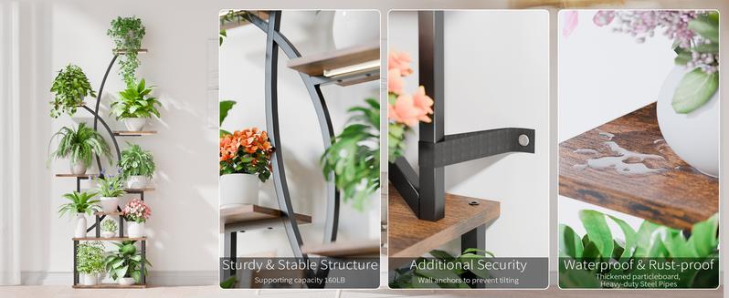 Artistic Plant Stand with Adjustable Grow Light,Baking Paint Waterproof Metal Flower Rack Organizer,Standing Storage Display Shelf, Wall Installation for Decoration