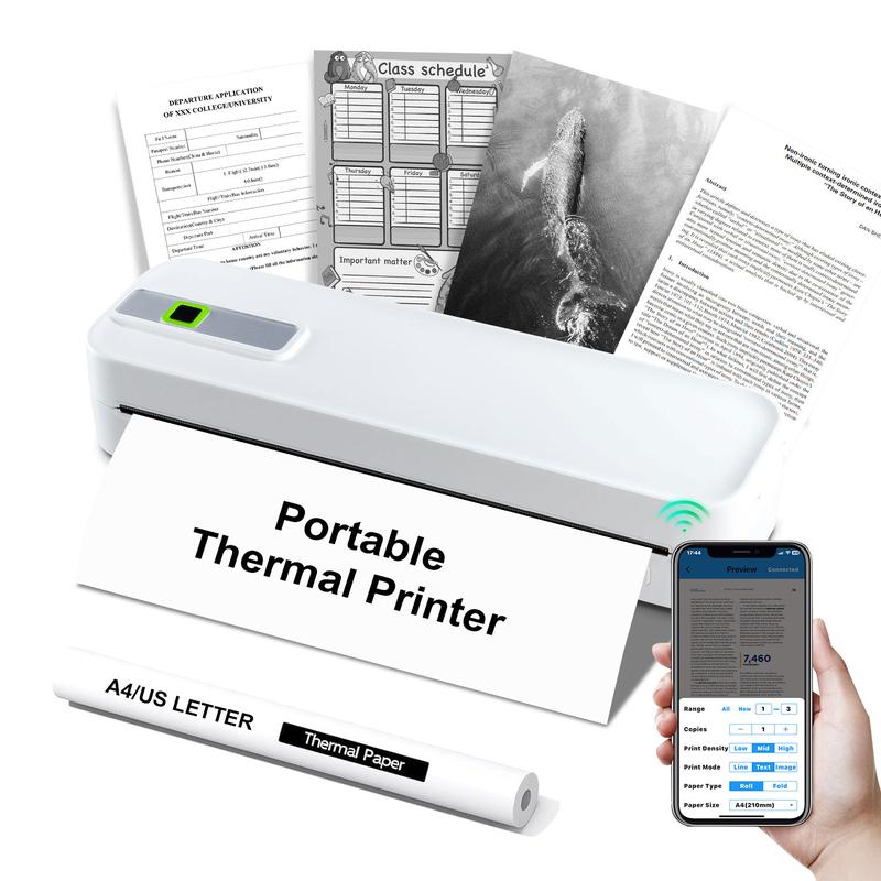 Portable Inkless Thermal Printer, Supports A4 Paper Size, Prints Resumes, Music Sheets, Exam Papers, Compatible with iOS & Laptops