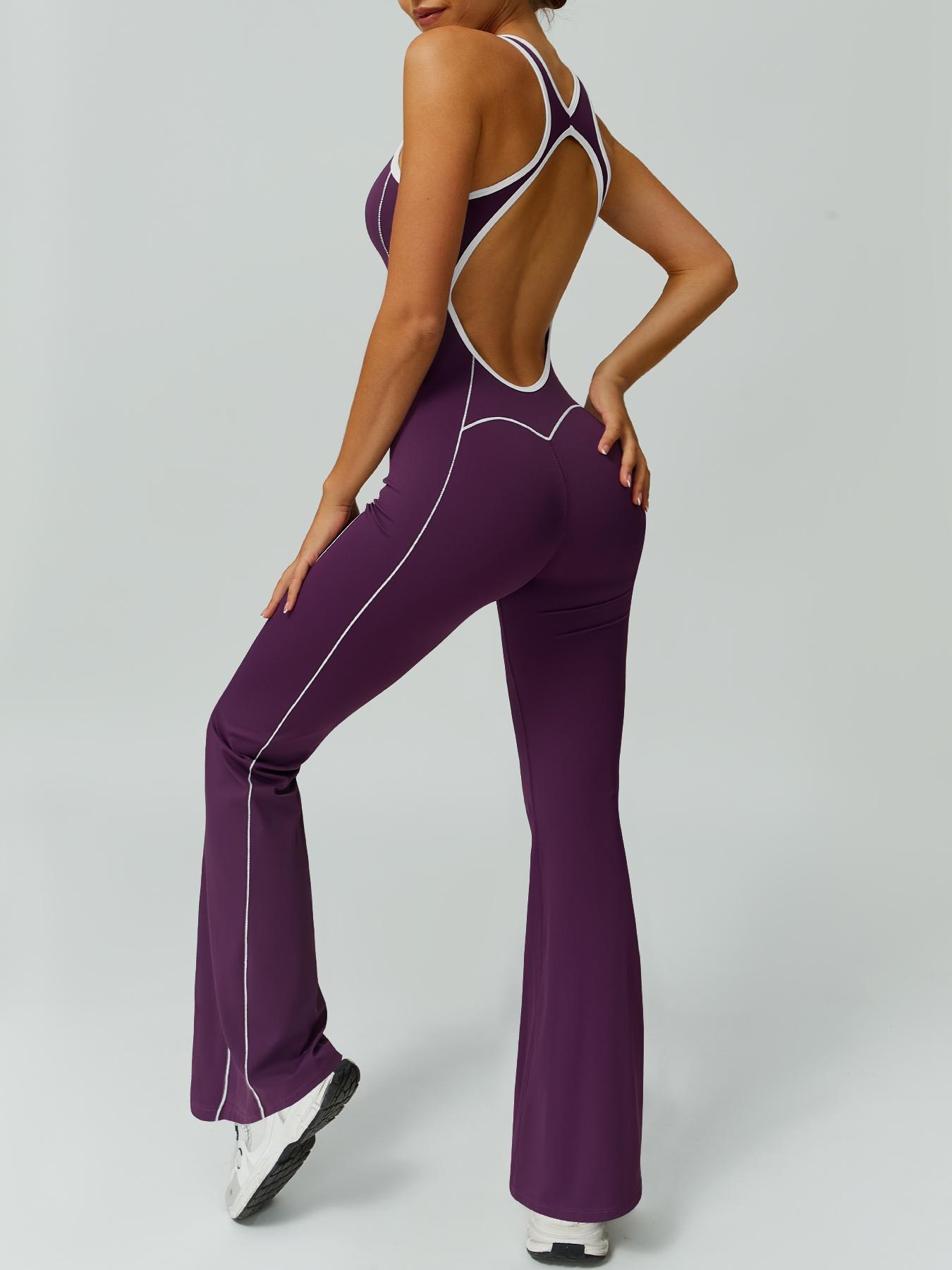 Women's color blocked backless jumpsuit comfortable and nude with a cinched waist sleeveless U-neck wide leg flared pants yoga clothes jumpsuit suitable for gym training outdoor running dancing tennis seasonal fashion contrasting Backless Sports Jumpsuit