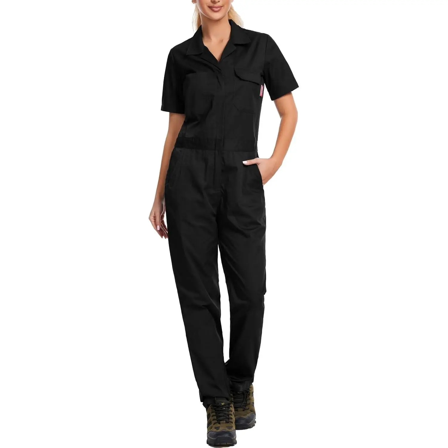 Women's Short Sleeve Coverall Lightweight Snap-Front Cotton Work Jumpsuit