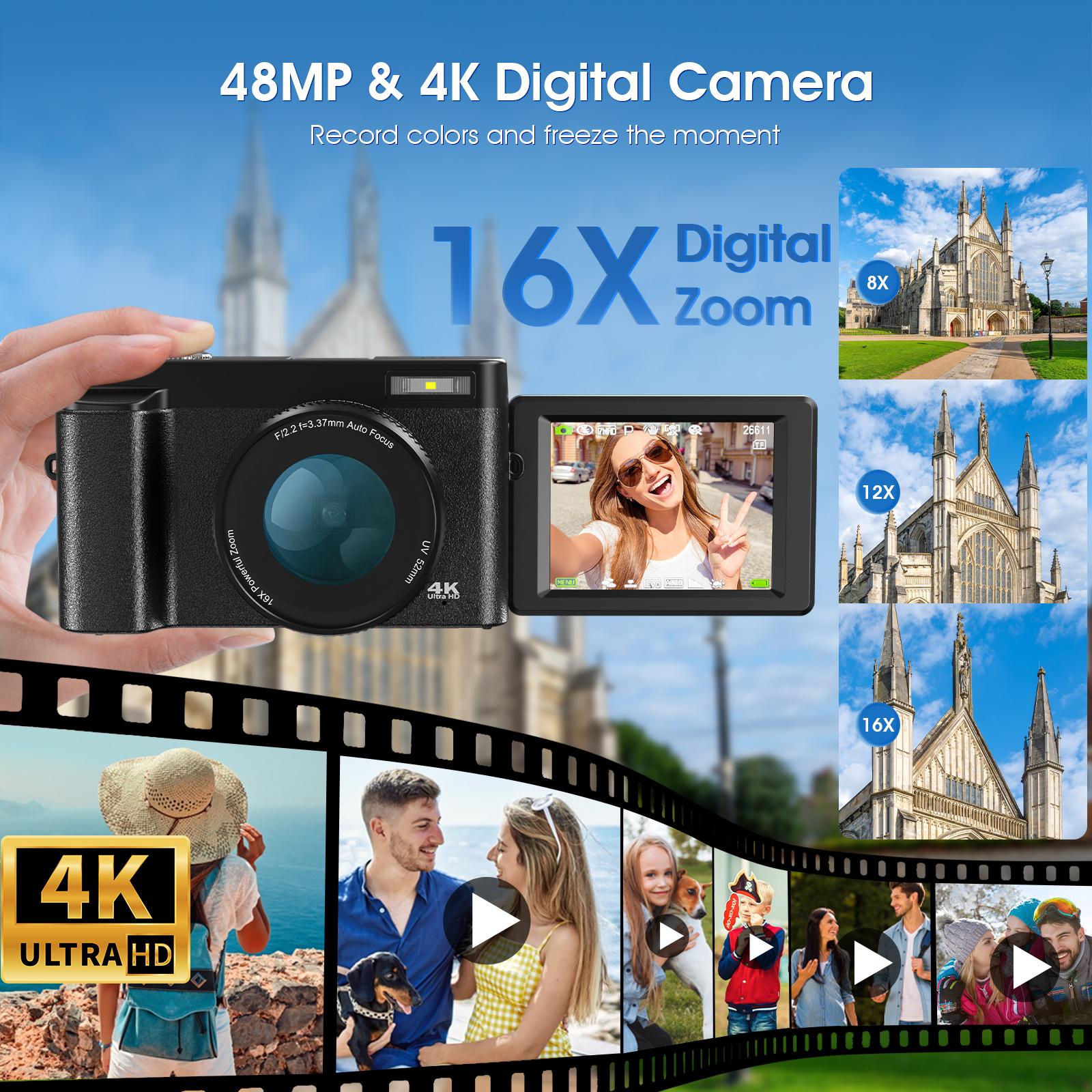 DC101 Digital Camera, 4K Video Recording & 48MP Auto Focus Camera, 180 Degree Flippable Display Camera, 16X Magnification Digital Camera with 32G Memory Card, Ideal Gift for Photography Beginners