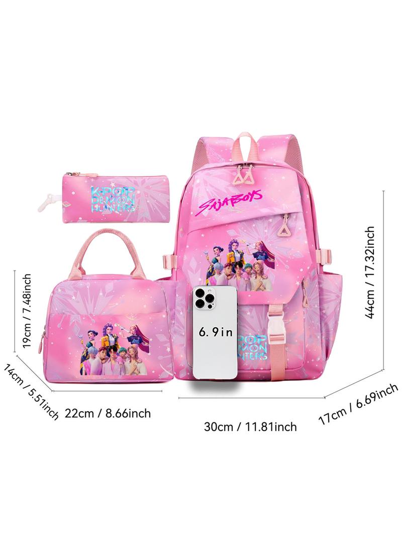 New K-Pop Demon Hunters Cartoon Print Backpack Set, Fashionable Breathable Waterproof Dual-Shoulder Bag, Lightweight Travel Bag for Students, Backpack for School