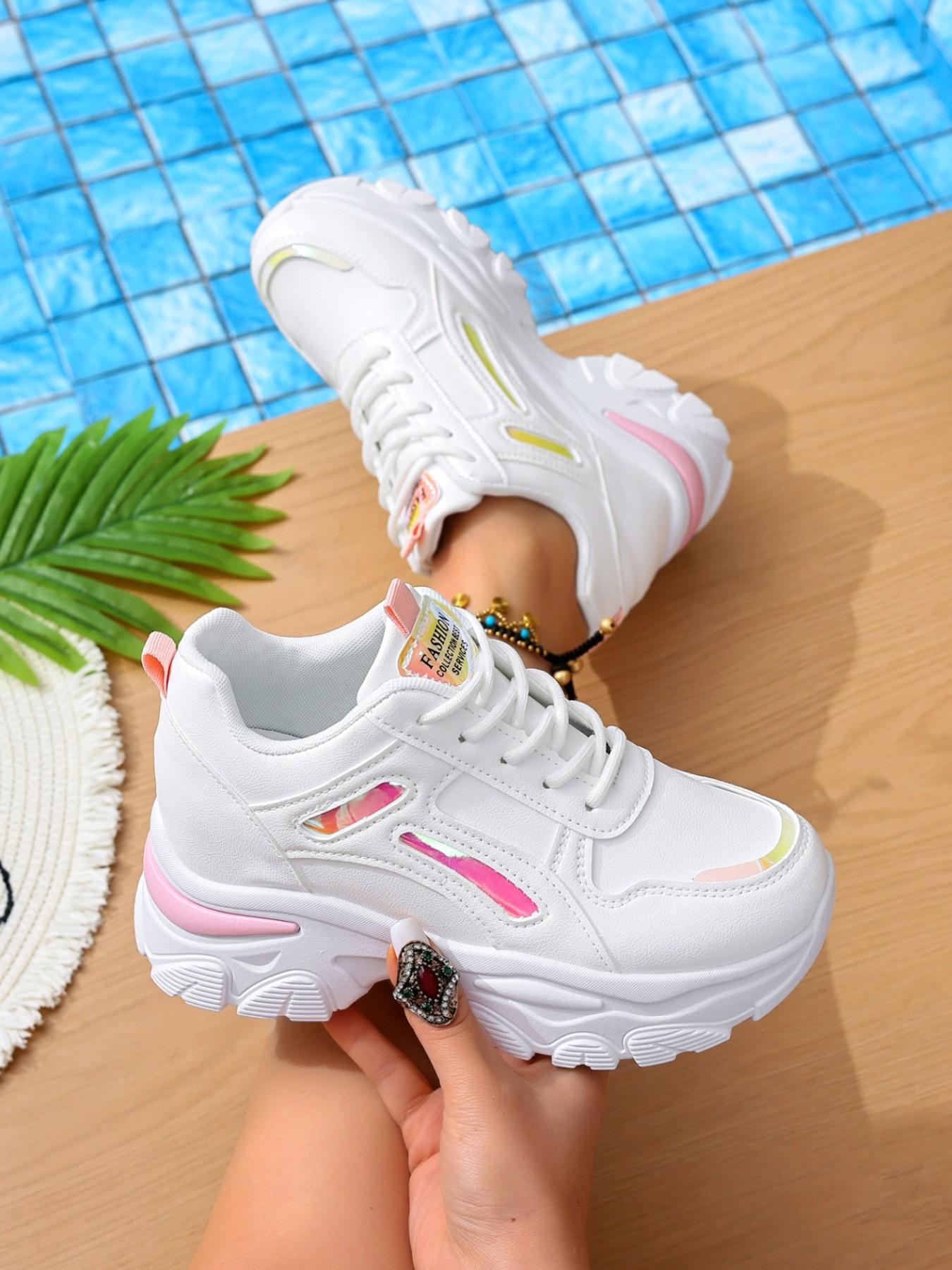 Women's Colorblock Chunky Sneakers | White Pink Casual Platform Shoes | Comfortable Breathable Height Increasing Trainers for Ladies | Trendy OOTD Streetwear Sneakers for Four Seasons.