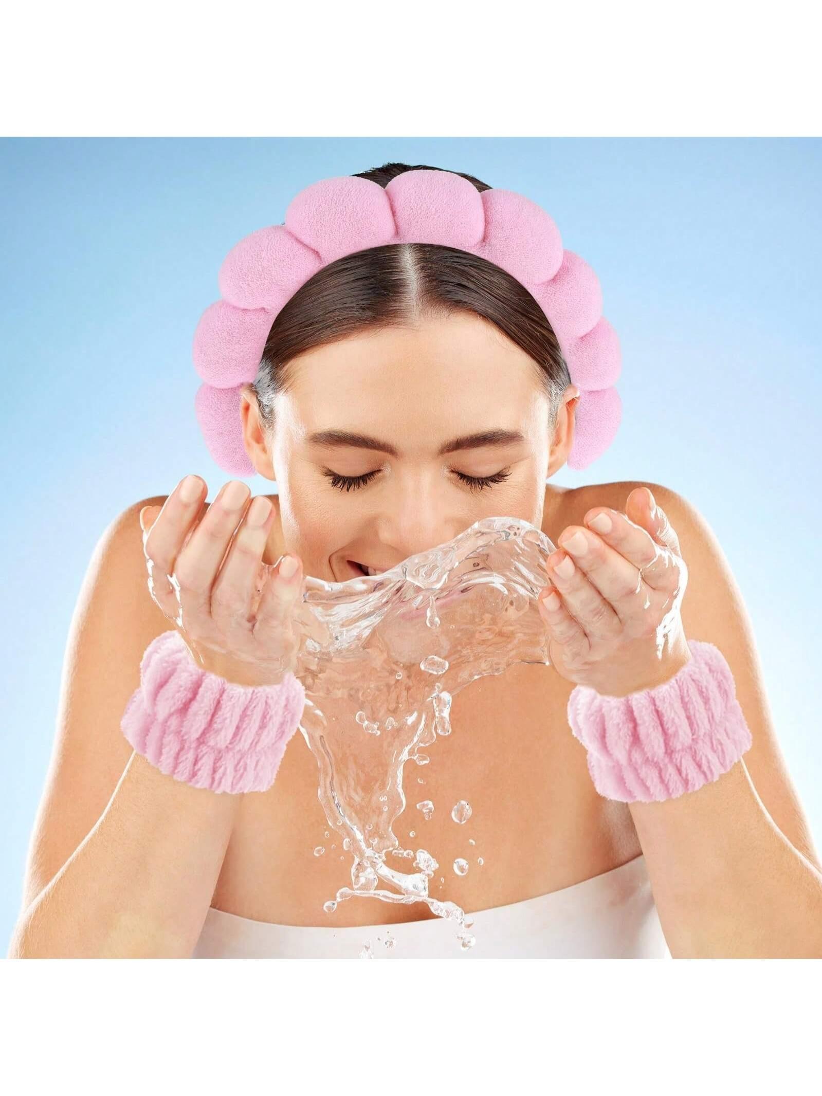 1 Face Washing Headband, 2 Face Washing Wrist Straps, 3 Set Of Hydrotherapy Headbands, Makeup, Face Washing & Skincare Headbands, Pink Velvet Sponge Headbands, Soft Headband