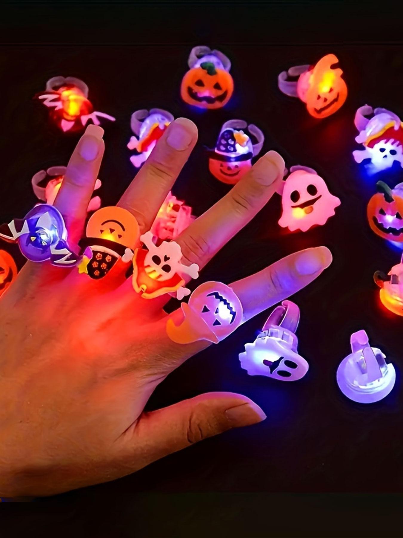 50 LED Halloween Christmas Rings, Cute Animal Flower Fruit Pumpkin Ghost Skull Santa Party Ring Gift, Holiday Decorations