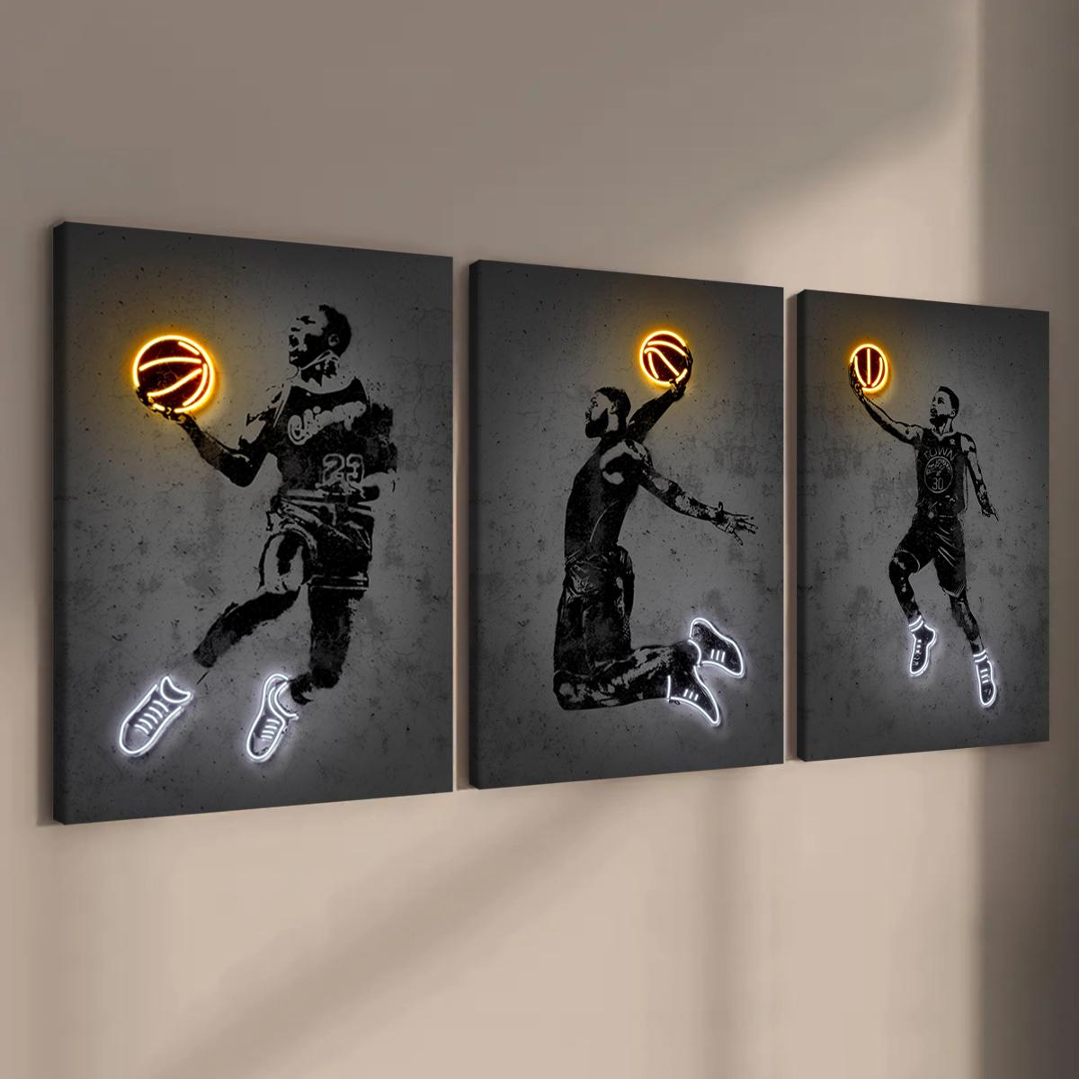 Basketball Player Pattern Canvas Painting with Frame, 3 Counts Basketball Fan Poster, Wall Art Decor for Home Living Room Bedroom Office, Modern Home Decor
