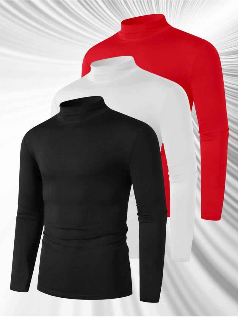 3pcs Men's Solid Color Casual Turtleneck Long Sleeve T-Shirt, Mens Fall And Winter Base Shirt, Men's Spring High Neck Shirt, Men's Summer Half High Neck Shirt, Men'S Casual Top Jacket, Suitable For All Seasons Of Casual Items