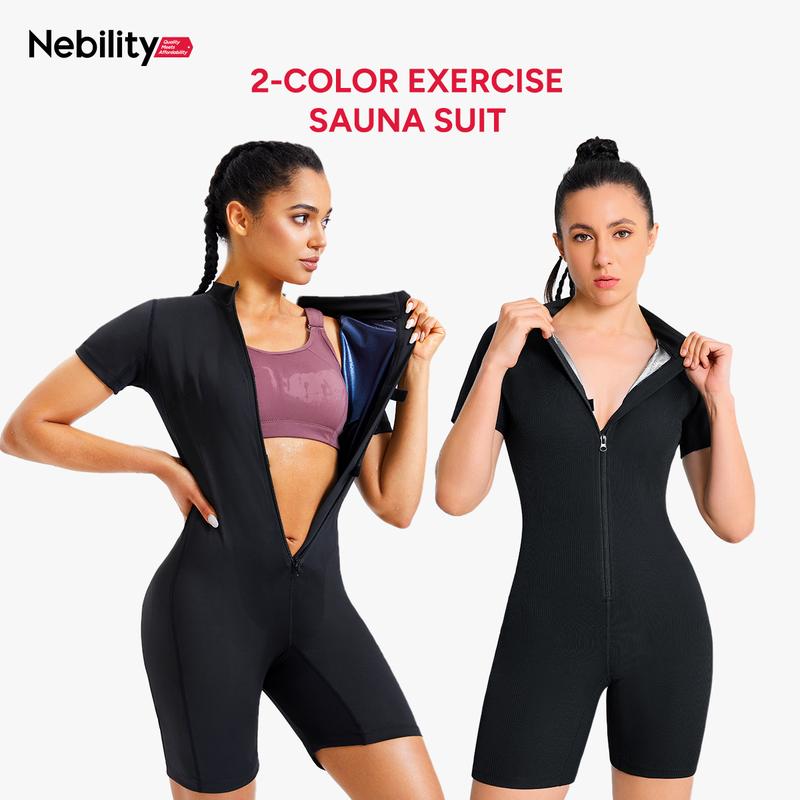 Nebility Women's Coated Athletic Zipper Workout Sweat Sauna Jumpsuit Stylish Activewear Workout Apparel Sporty Comfy Jumpsuit Tummy Control Jumpsuit Sauna Sports Jumpsuit Sports Outfits Stylish Activewear