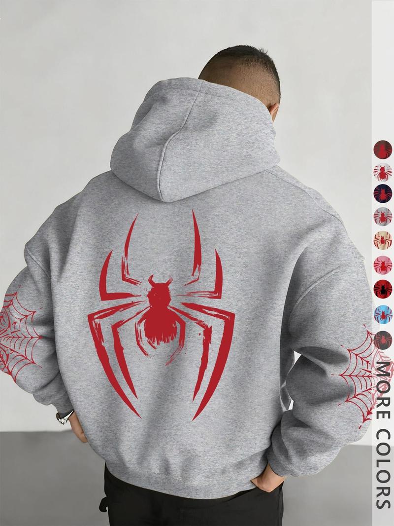 Unisex design, autumn and winter street style hooded sweatshirt with a spider pattern print, featuring cord fasteners and kangaroo pocket design. Perfect for everyday outings; comfortable fabric; stylish for the streets, versatile, trendy, suitable for ca